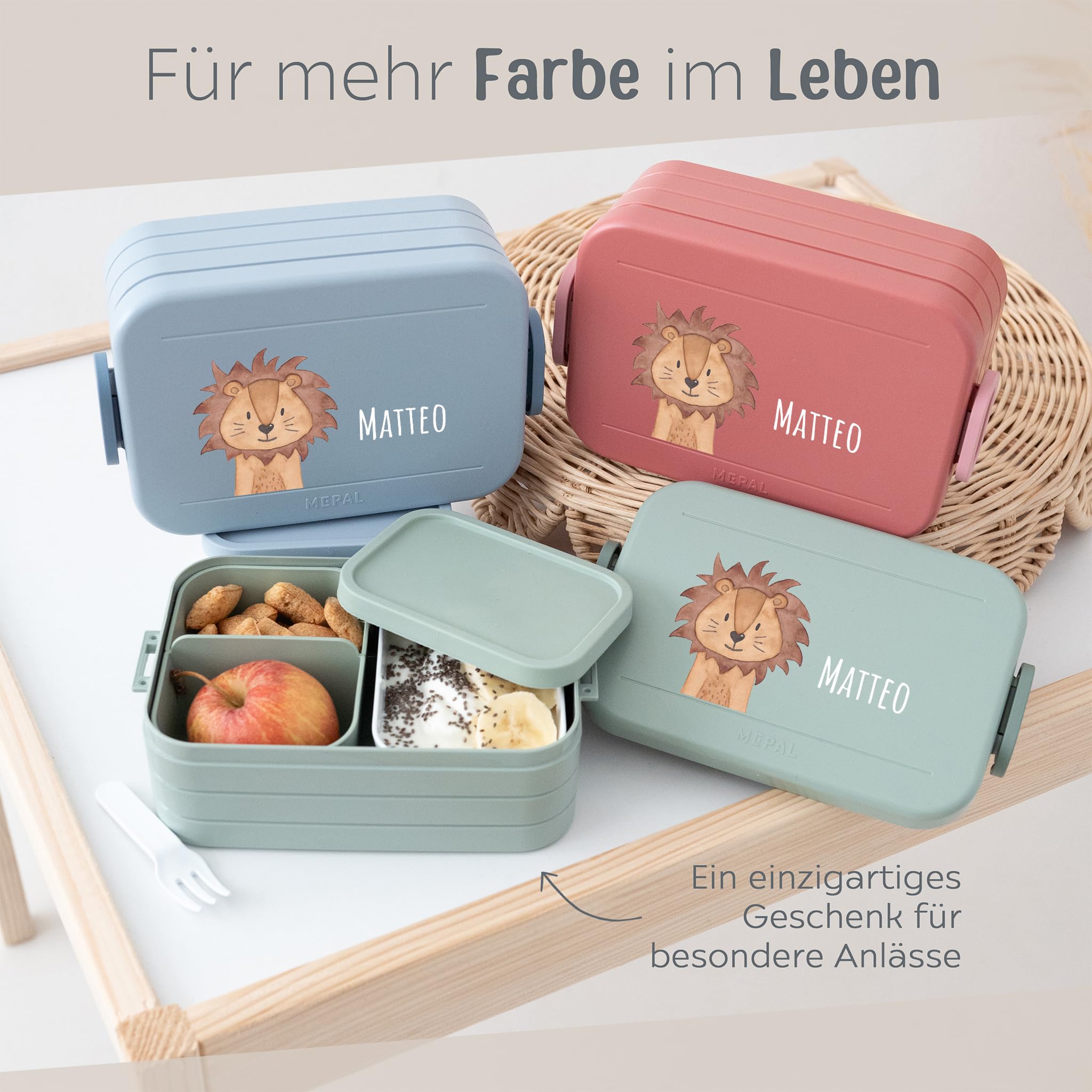 wunderwunsch MEPAL Brotdose Spülmaschinenfest Kinder, Lunchbox mit Einsatz für perfekte Ordnung, Spülmaschine, Mikrowellengeeignet, personalisiert mit niedlichem Motiv (Löwe, grün)