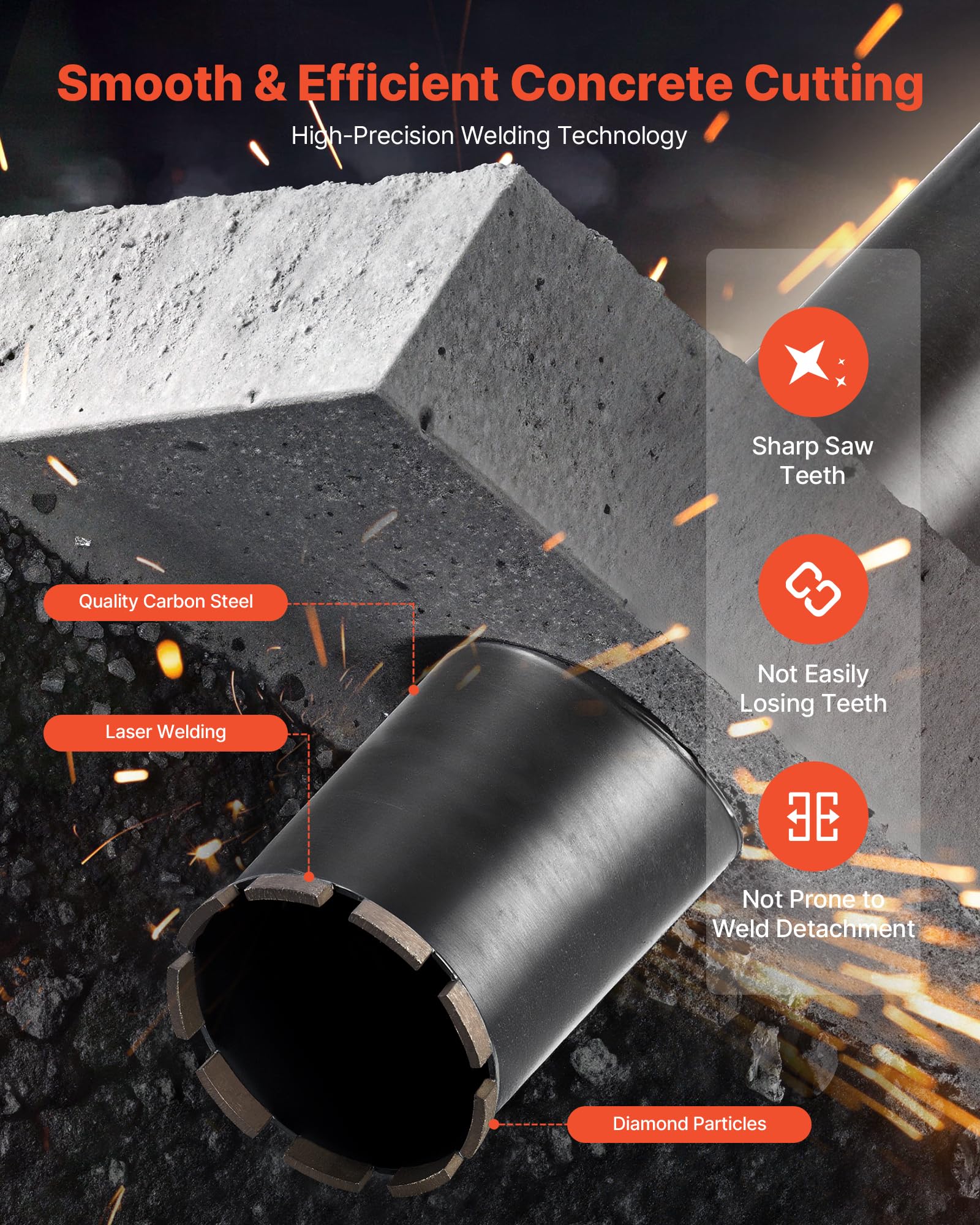 VEVOR Broca de Núcleo para Perforación en Húmedo, 114 mm Diámetro, 356 mm Profundidad, Tecnología de Soldadura de Alta Precisión, para Hormigón Armado, Ladrillo y Mampostería, 412 x 114 x 114 mm