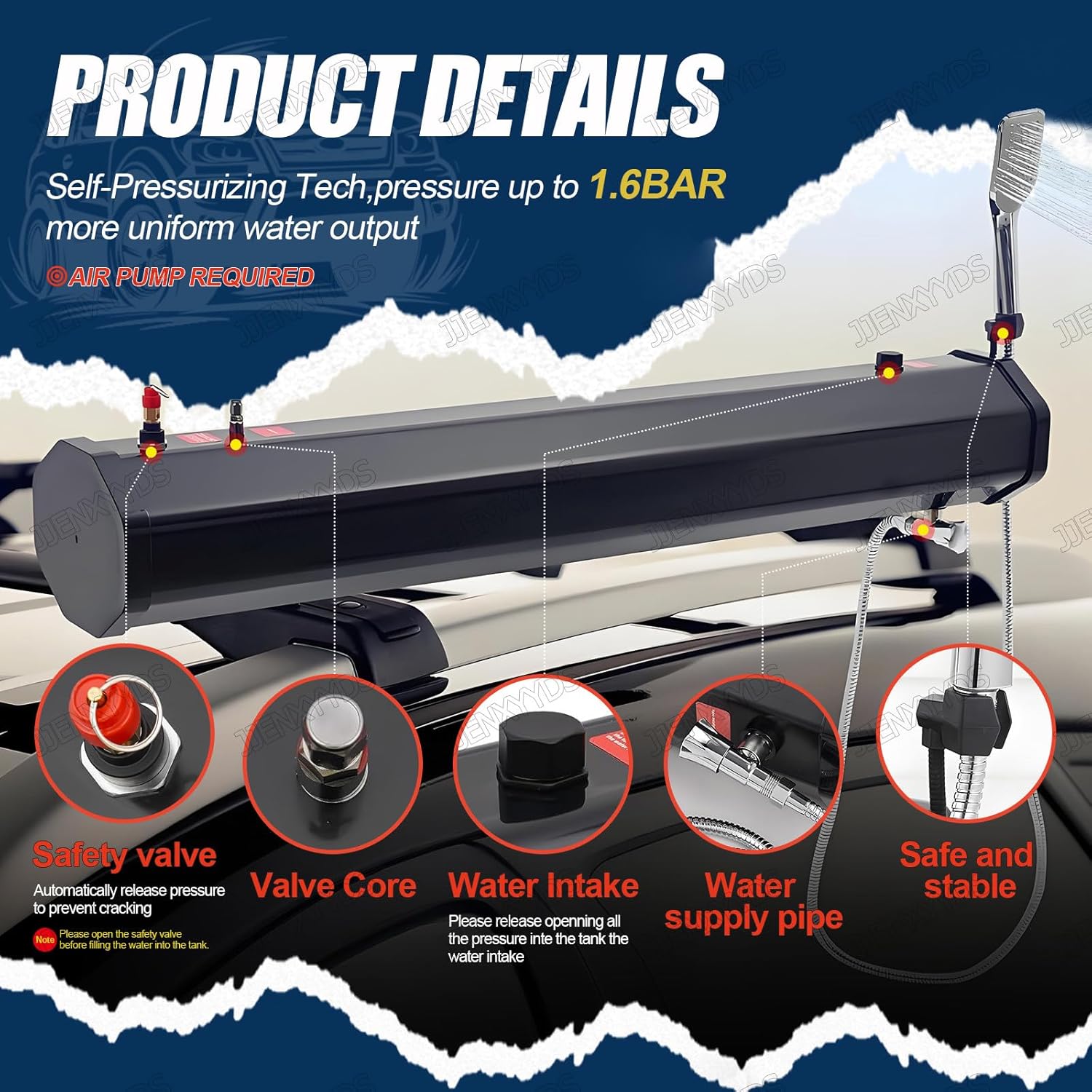 Roof-Mounted Roof Rack Water Tank,w/Storage Bag and 4.92ft Hose,for Hiking, Car wash, Pet Cleaning, Beach Vacations,Outdoor Activities Water Supply 20L/4.4Gal