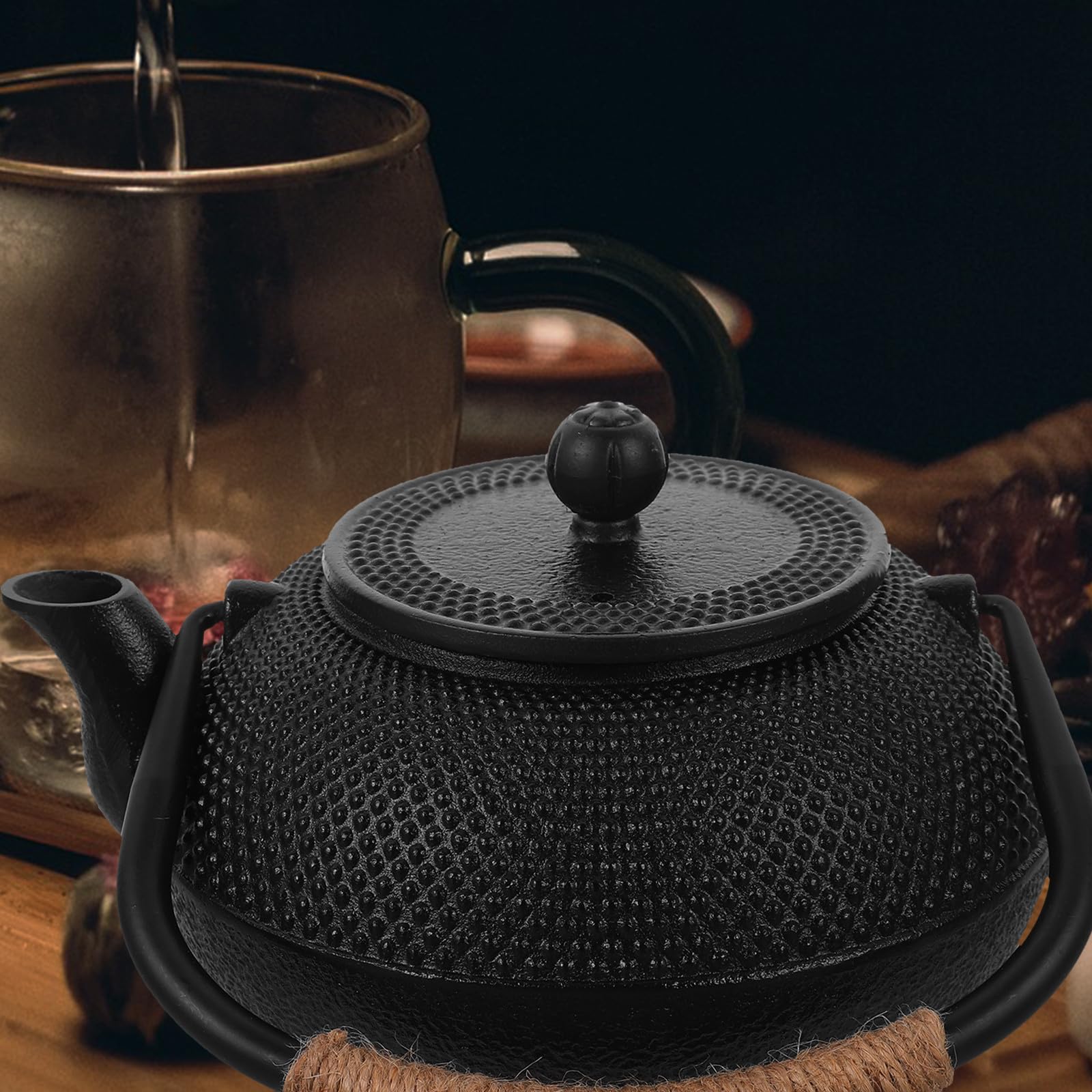 SOLUSTRE Théière en Fonte, Théière Japonaise 1200ml Noire avec Infuseur en Acier Inoxydable et Couvercle, Sûre pour Cuisinière, Déco de Table, Fêtes du Thé