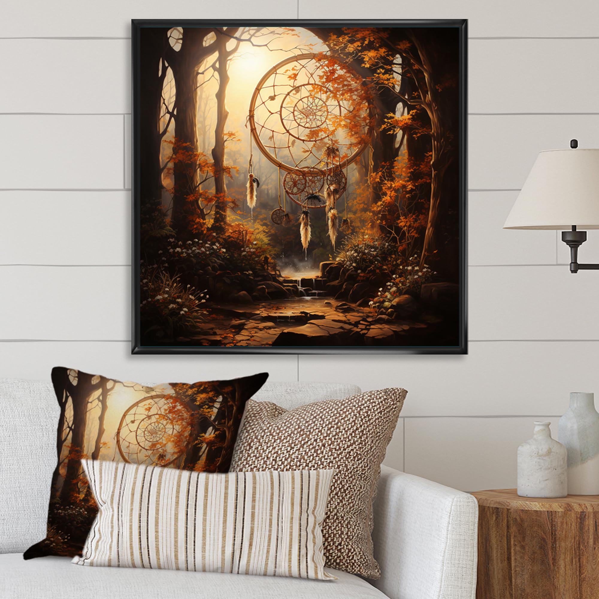 DesignQ Dream catcher Oversized framed wall art decor, Dream catcher framed wall art, Gold Dream Catcher Natures I, Gold Traditional Canvas Black framed wall art, 30x30 inches