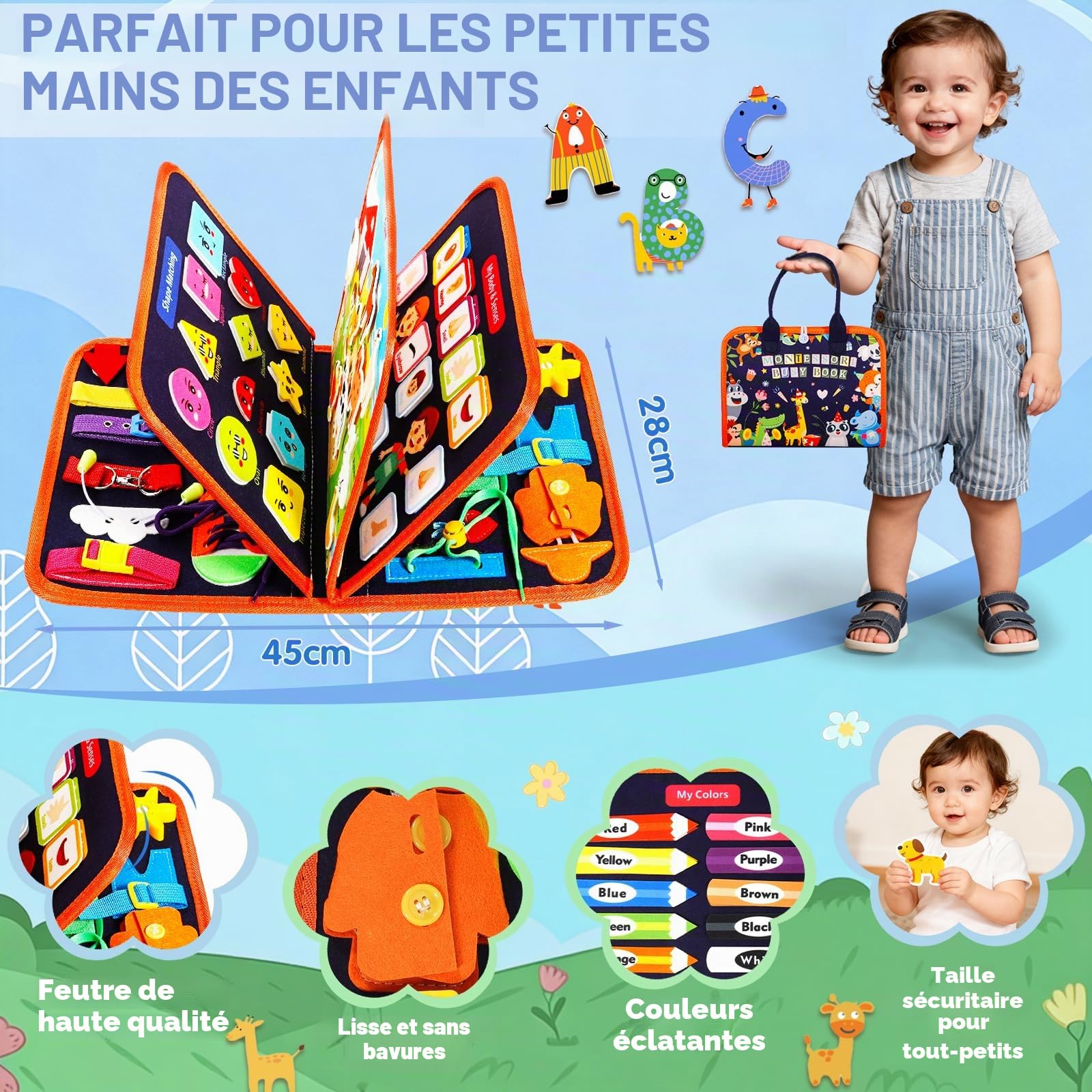 Busy Board, Jouets d'Activité, Quiet Book, Livre Montessori, Idéal comme Jouet de Voyage Avion et Voiture, Jouet Montessori Cadeau pour Enfants Garçon Fille 1 2 3 4 Ans
