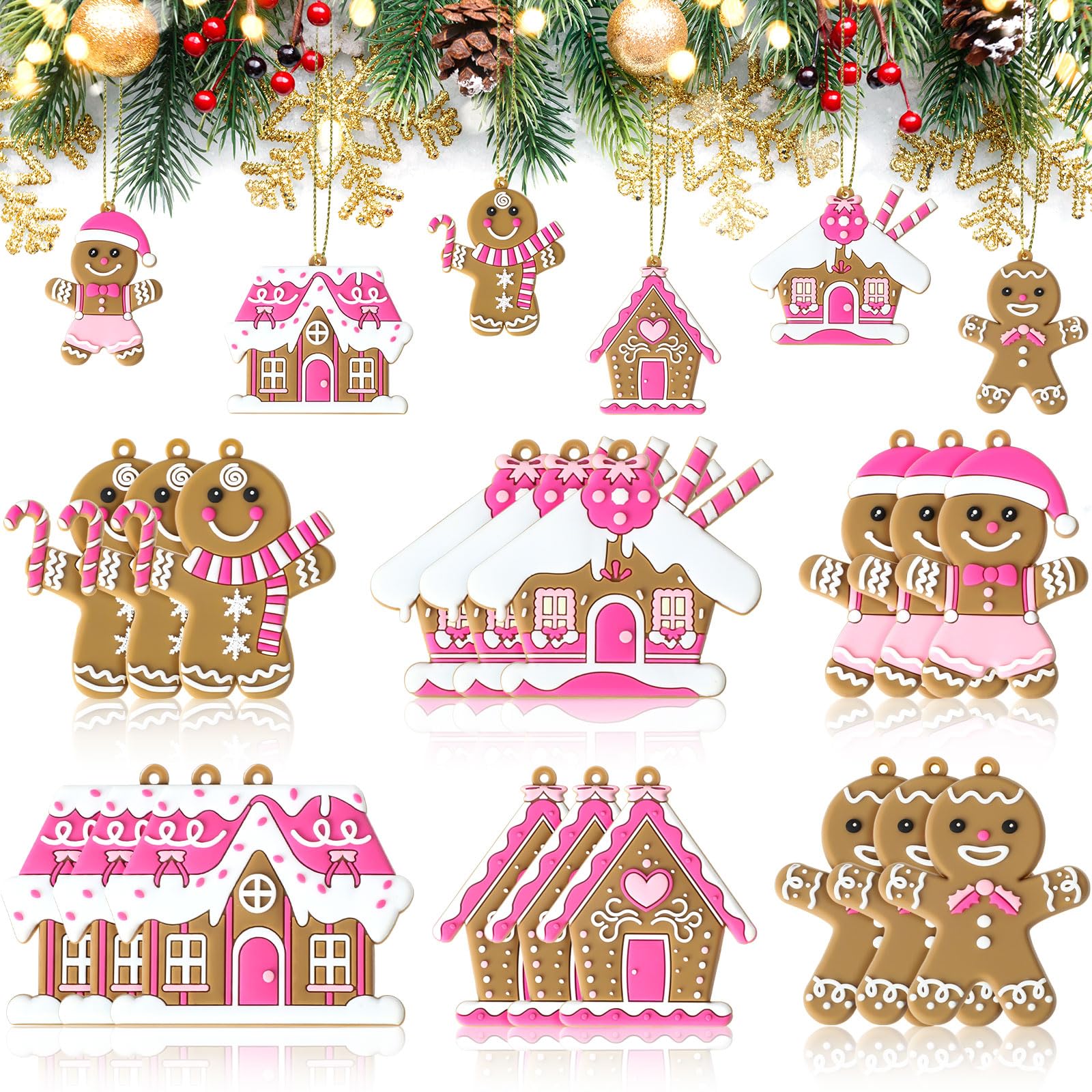 Bonhomme en pain d'épices rose kit de 18 figurines suspendre pour sapin de Noël