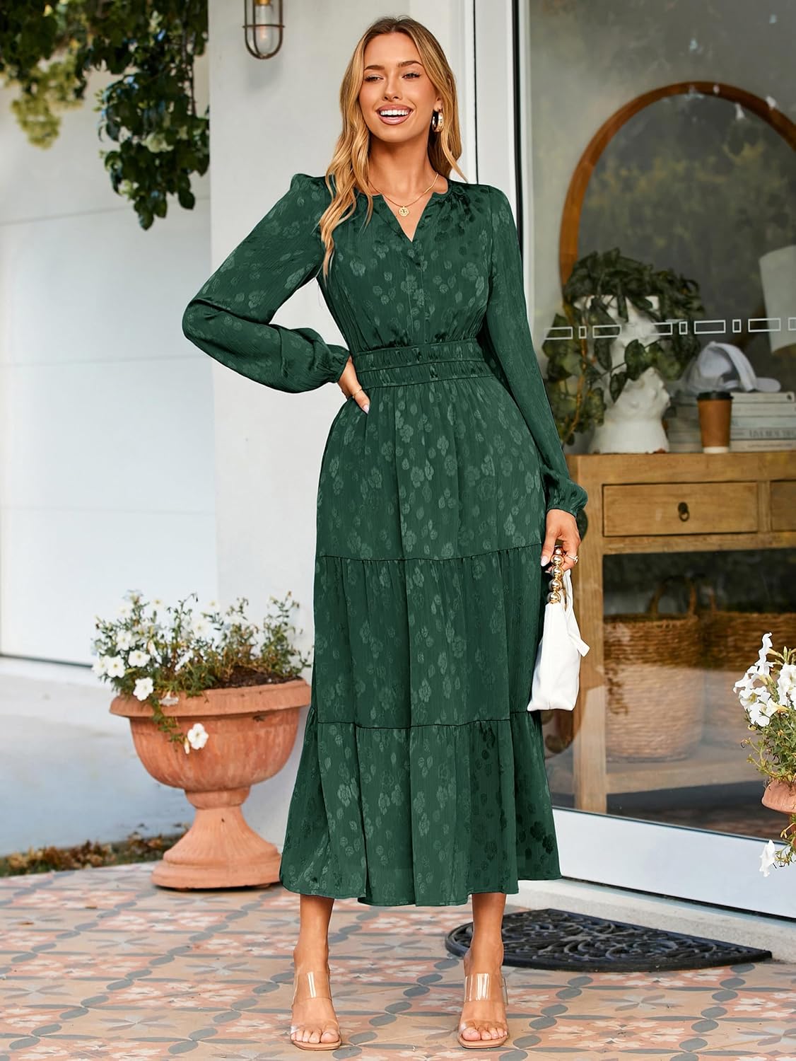 Simplee Womens Casual Long Sleeve Dress Fall Elegant Wedding Guest V-Neck Maxi Floral Dresses 2025 Trendy - Image 2