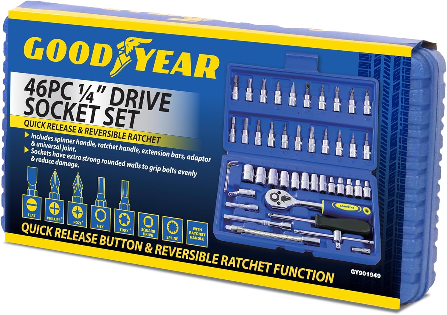 Goodyear 46-Piece 1/4" Drive Socket Set – Quick Release Ratchet, Reversible Function, Spinner Handle, Extension Bars, Adaptor & Universal Joint – Strong Grip Rounded Wall Sockets