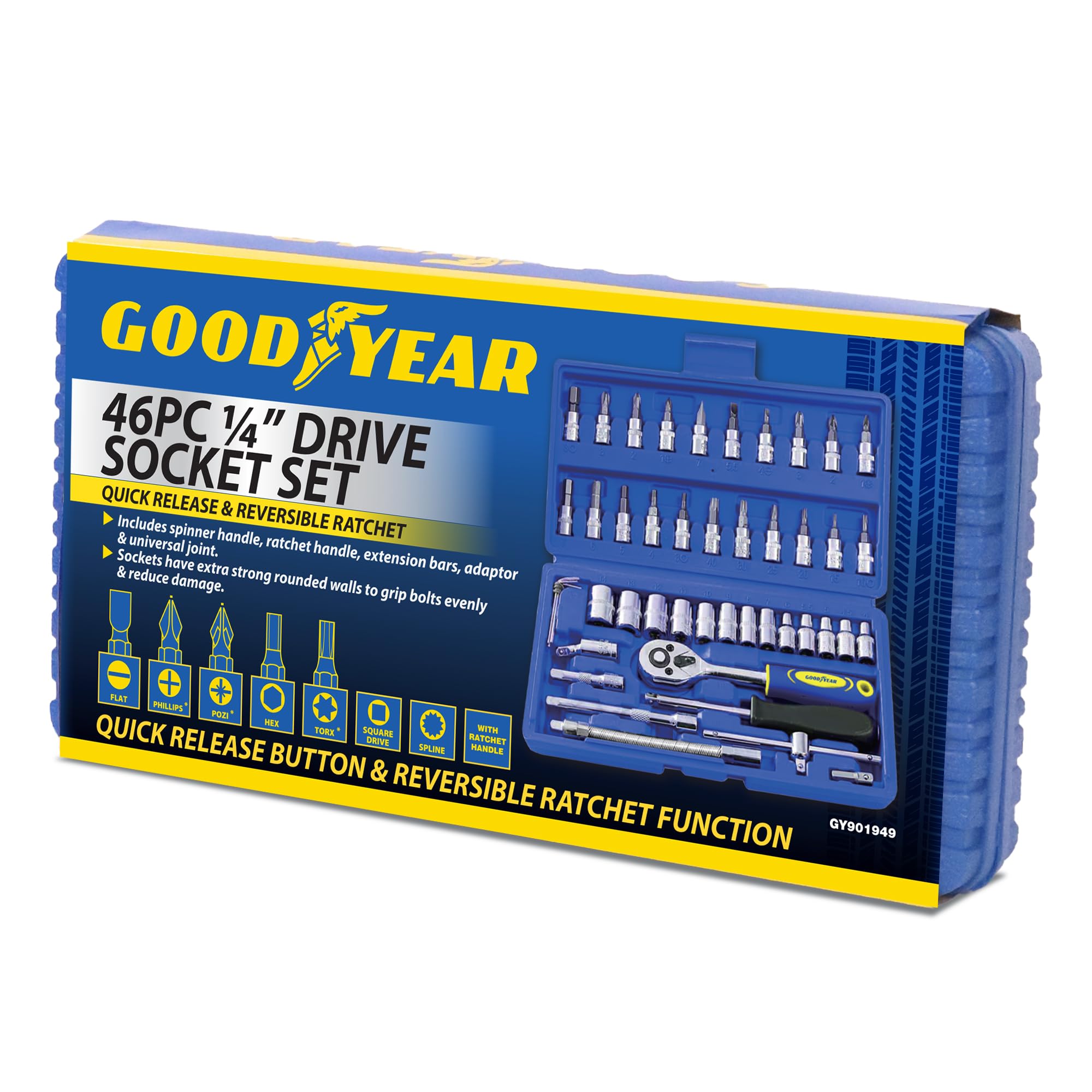Goodyear Juego de 46 llaves de vaso de 1/4 pulgadas – trinquete de liberación rápida, función reversible, mango giratorio, barras de extensión, adaptador y junta universal – enchufes de pared