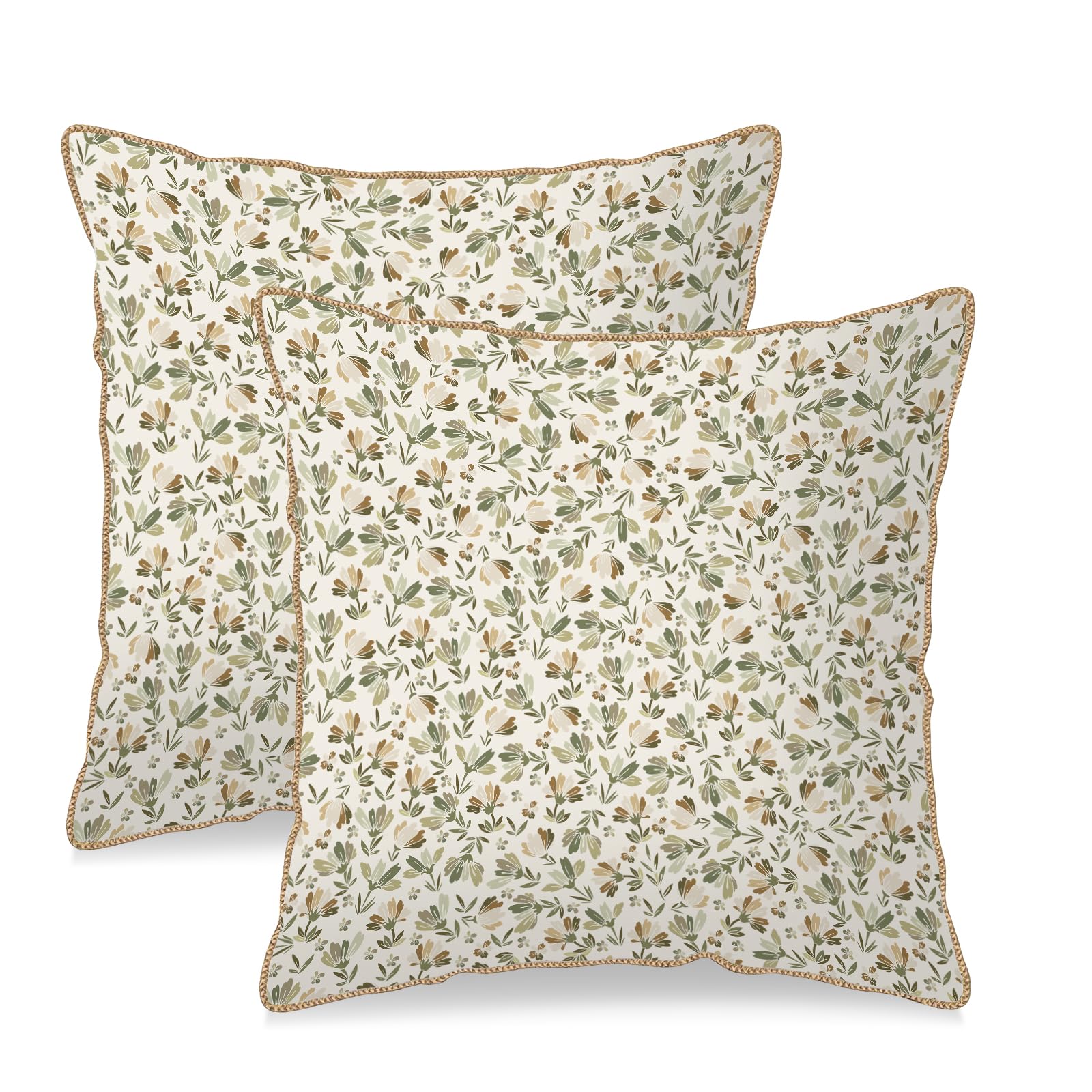 KSLIDS Sage Green Beige Floral Soft Velvet Throw Pillow Covers Set of 2 Vintage Brown Flower Decorative Pillow Covers 20x20 Inch Rustic Pillow Case