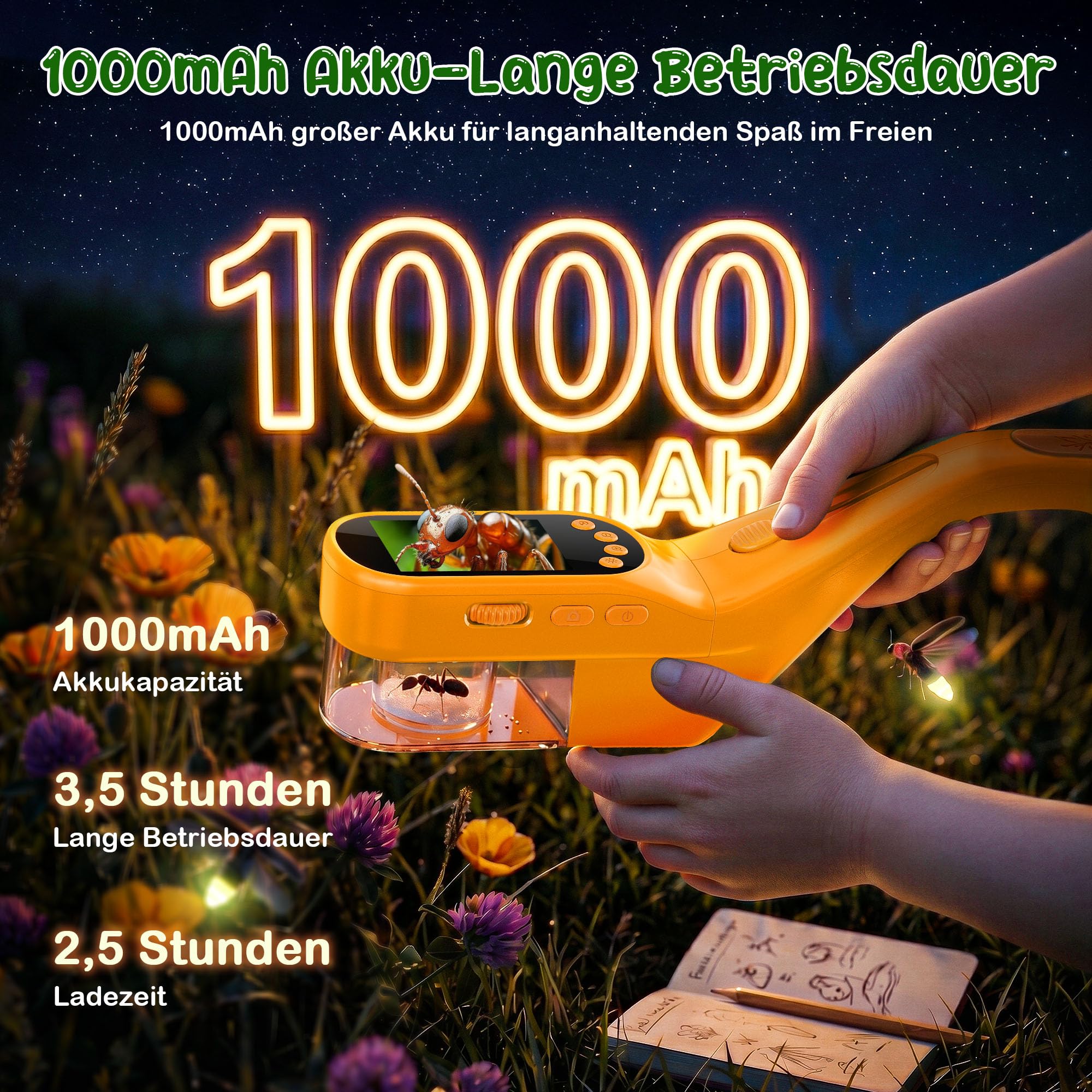 CIMELR Insektenfänger 2,4-Zoll HD-Mikroskop Naturspielzeug für Kinder | Insektenfänger mit 1000mAh Akku, 8 LEDs, 1080P Kamera, PC-Übertragung, STEM-Set für Kinder 3-12