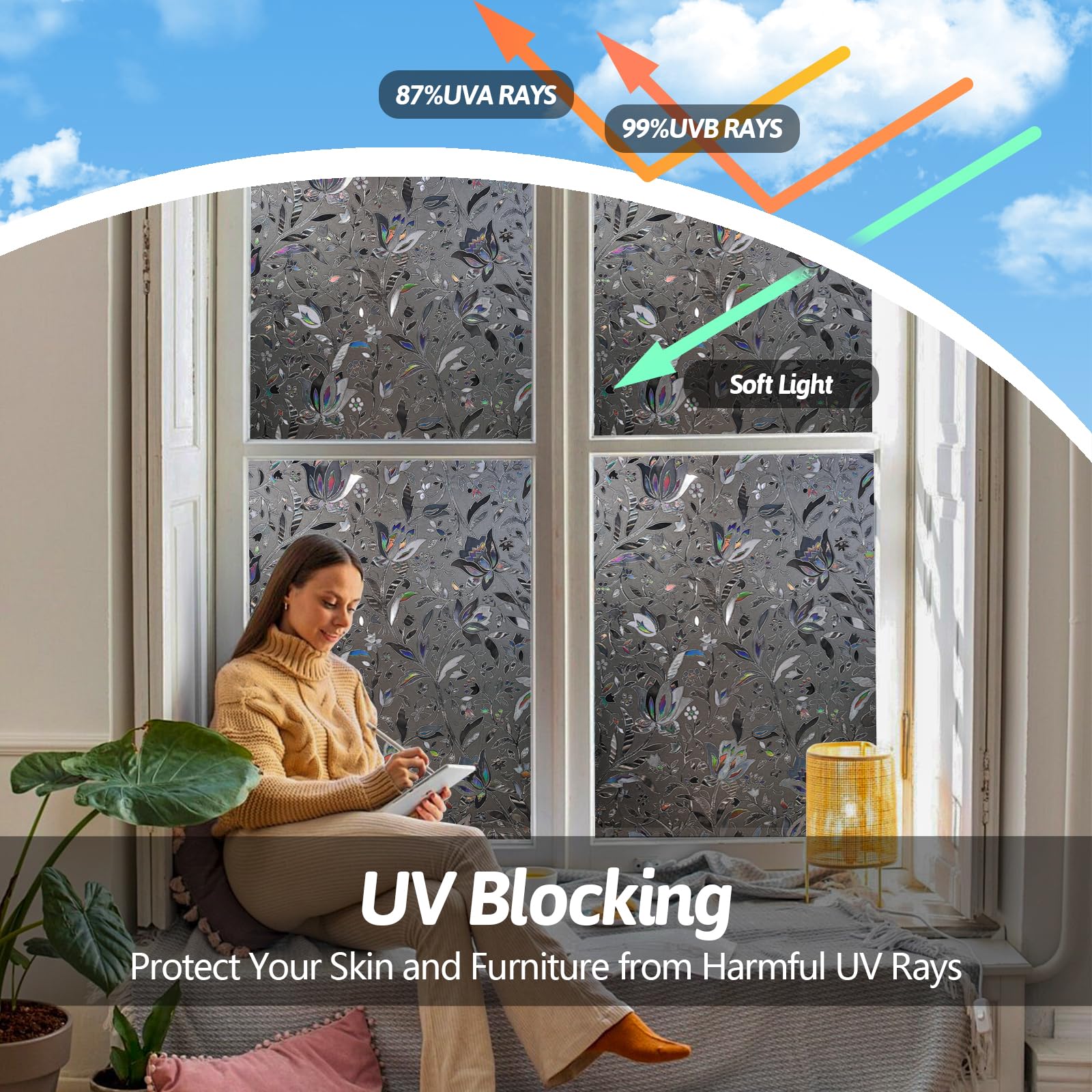 NINETREX Film d'intimité décoratif pour fenêtre, film statique anti-UV, bloque la chaleur pour la maison, noir grisâtre, 90 x 200 cm