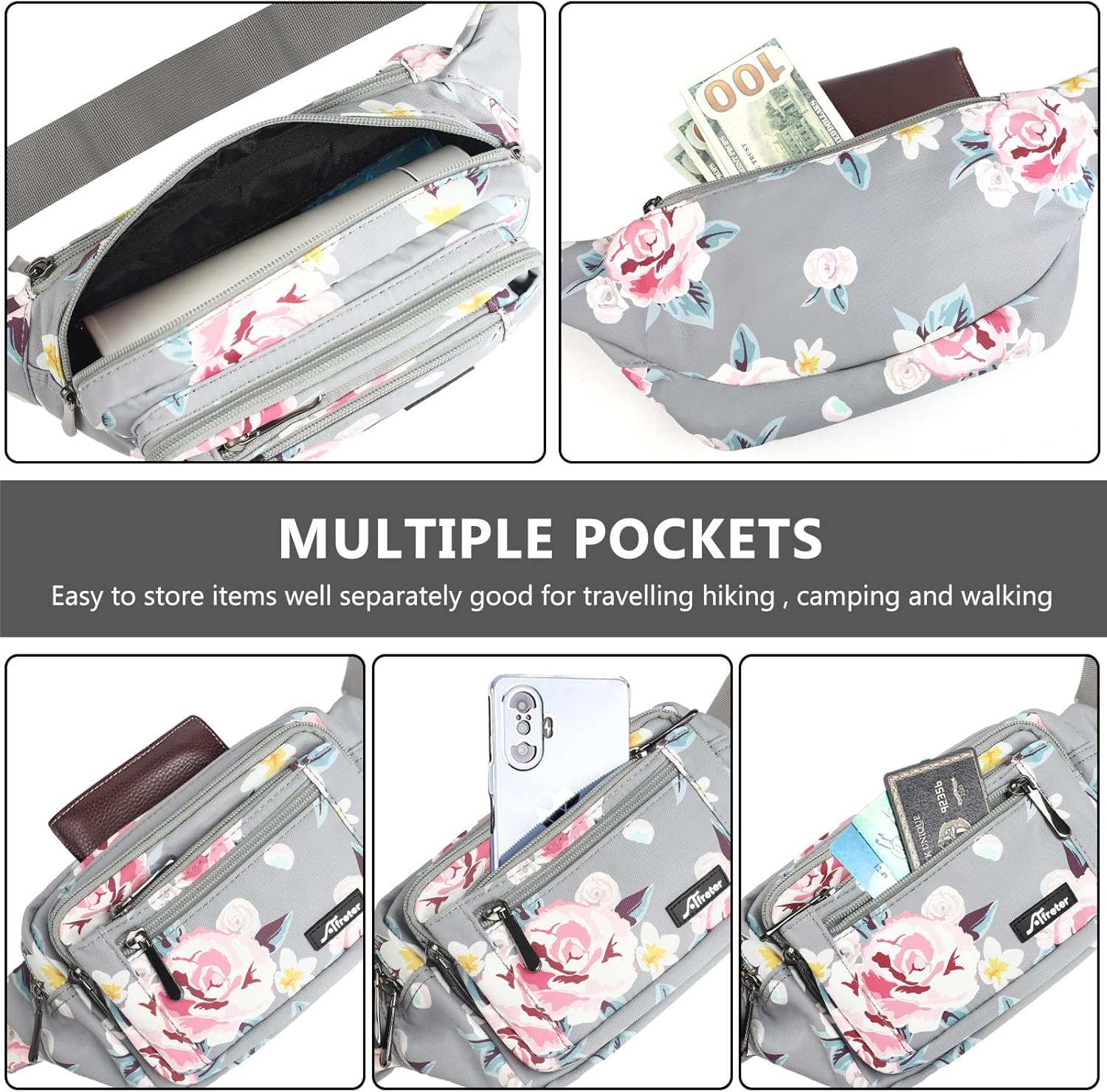 Waist Pack Bag Fanny Pack for Men&Women Hip Bum Bag with Adjustable Strap for Outdoors Workout Traveling Casual Running Hiking Cycling (New Grey Flowers) - Image 3