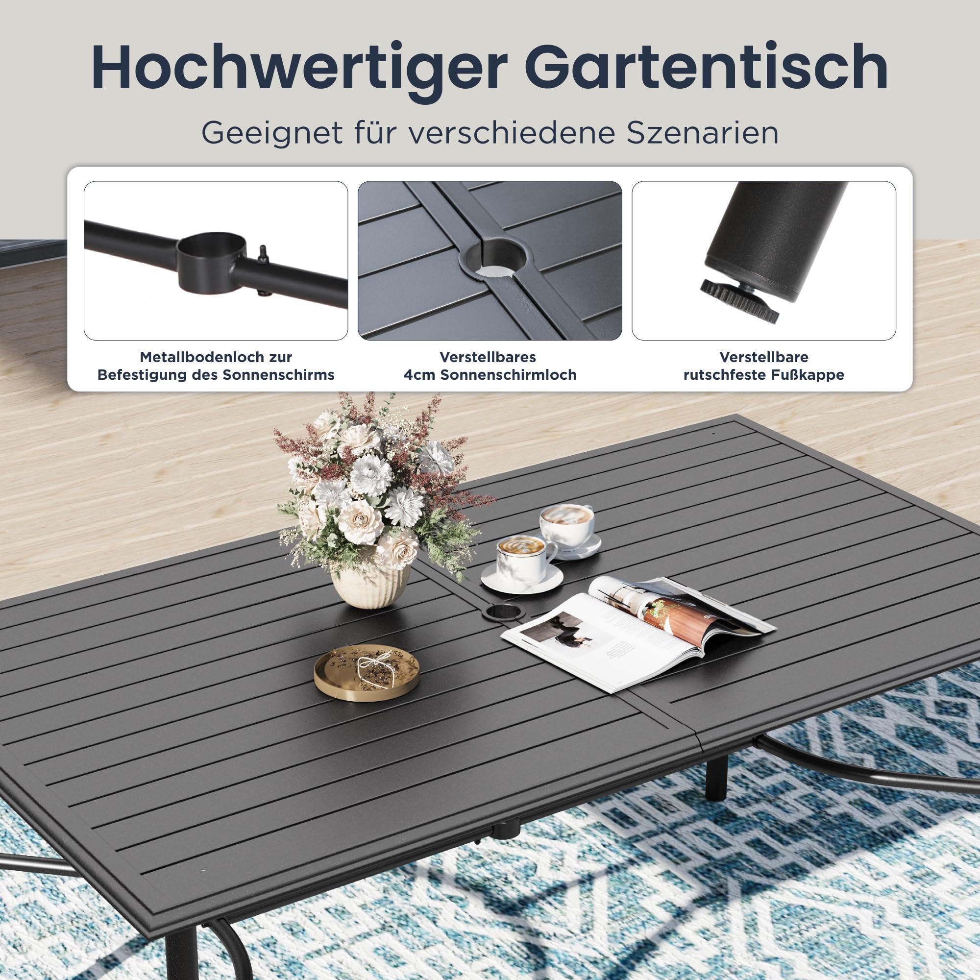 PHI VILLA Gartentisch mit Stühlen Garten Sitzgruppe mit 6 x Braune Textilene-Esszimmerstühle Schwarzer Rechteckiger Metall-Esstisch für Terrasse, Deck, Hof, Bistro