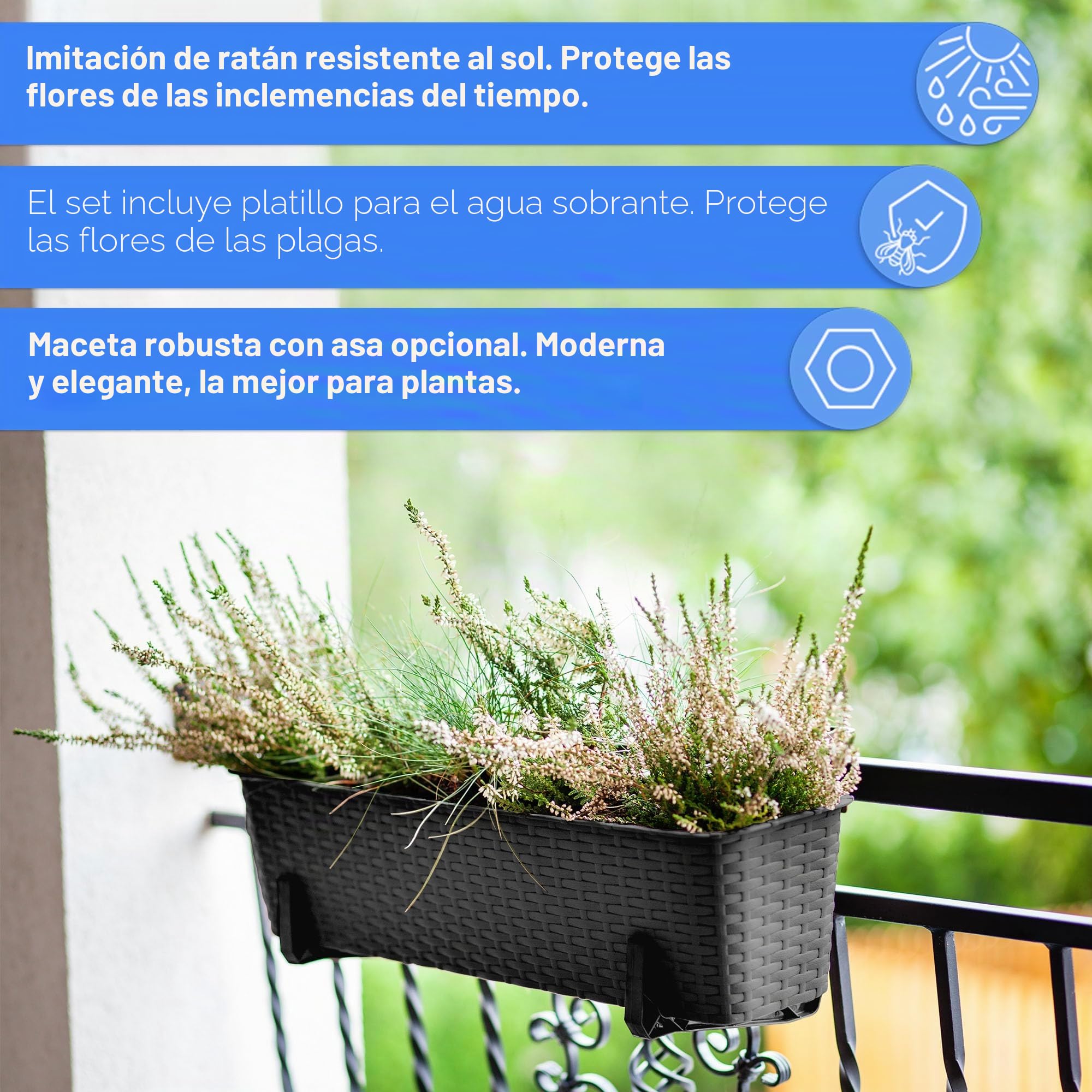 KADAX Maceta de Plástico Imitación Ratán, Macetero Rectangular con Platillo y Soportes para Exterior, Jardinera Colgante para Balcón (Antracita, 60 cm, Aprox. 12L)