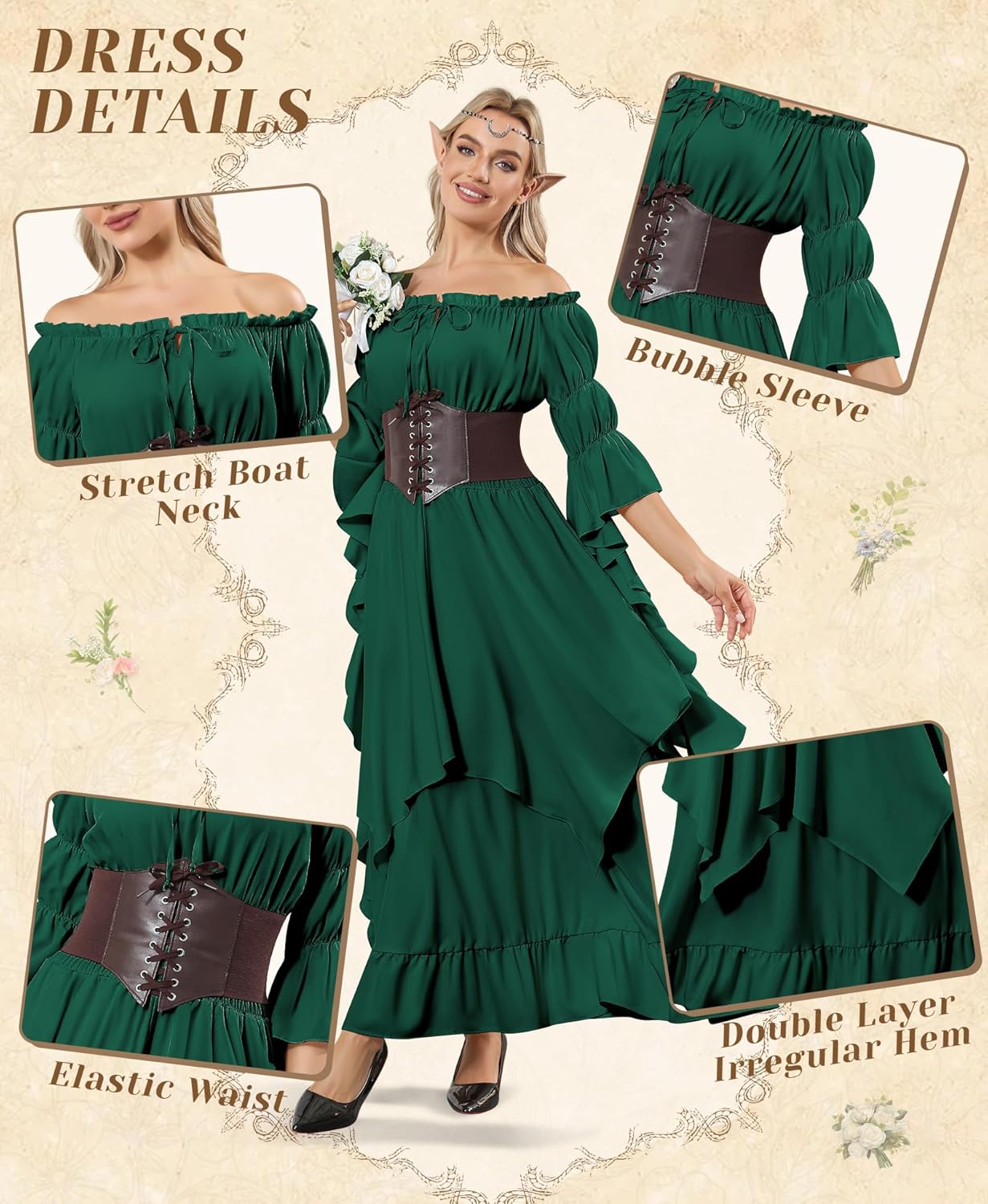 Women Renaissance Medieval Costume - Peasant Irish Victorian Gothic Off Shoulder Ruffle Fairy Maxi Dress 4 Pcs - Image 3
