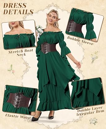 IEEILULU Women Renaissance Medieval Costume - Peasant Irish Victorian Gothic Off Shoulder Ruffle Fairy Maxi Dress 4 Pcs