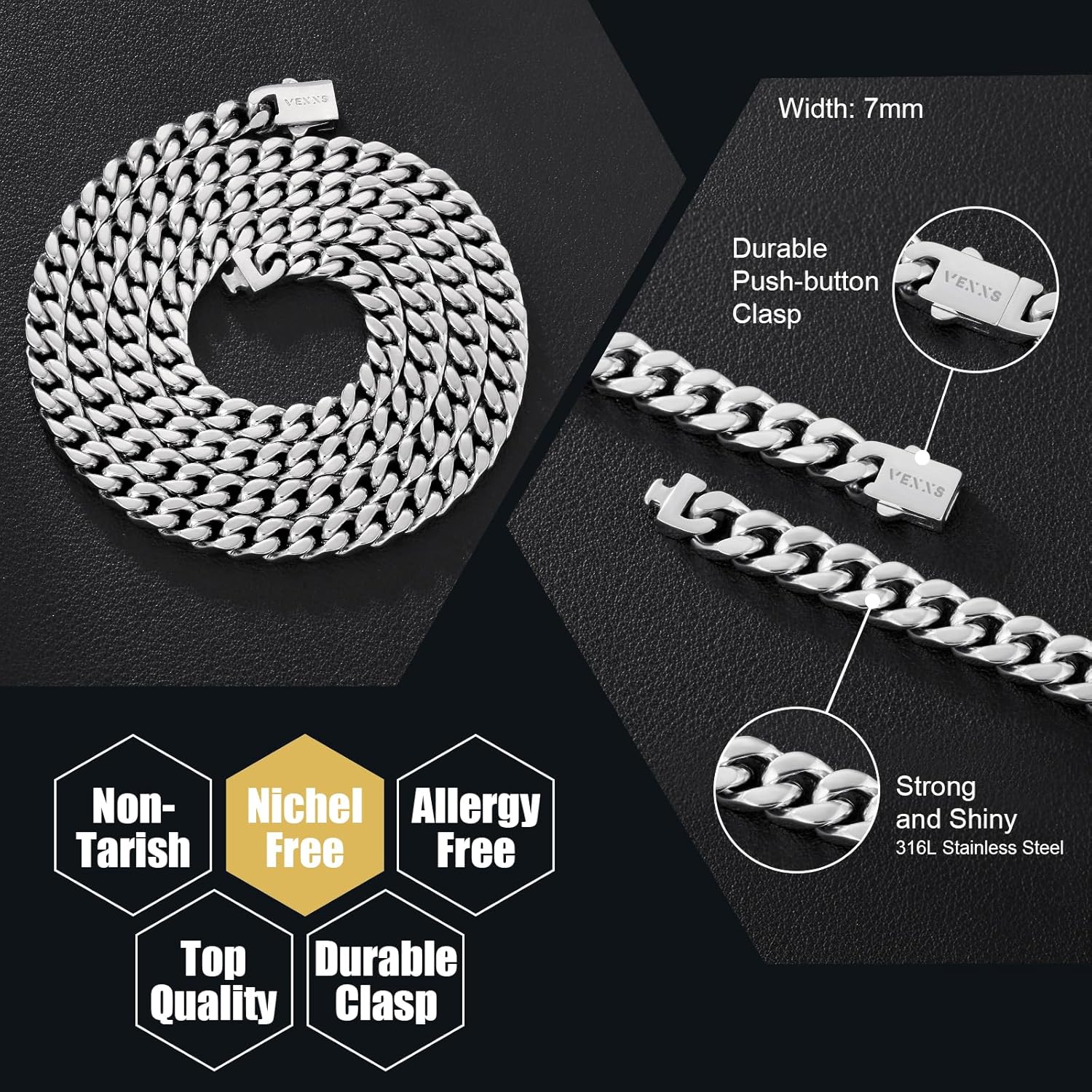 VEXXS Men's Gold Chain, 4 Sides Flat Cut 18K Real Gold Filled Stainless Steel Cuban Link Chain, Durable No Color Fading 5mm 7mm Men’s Chain Necklace Curb Chain Men’s Jewelry - Image 2