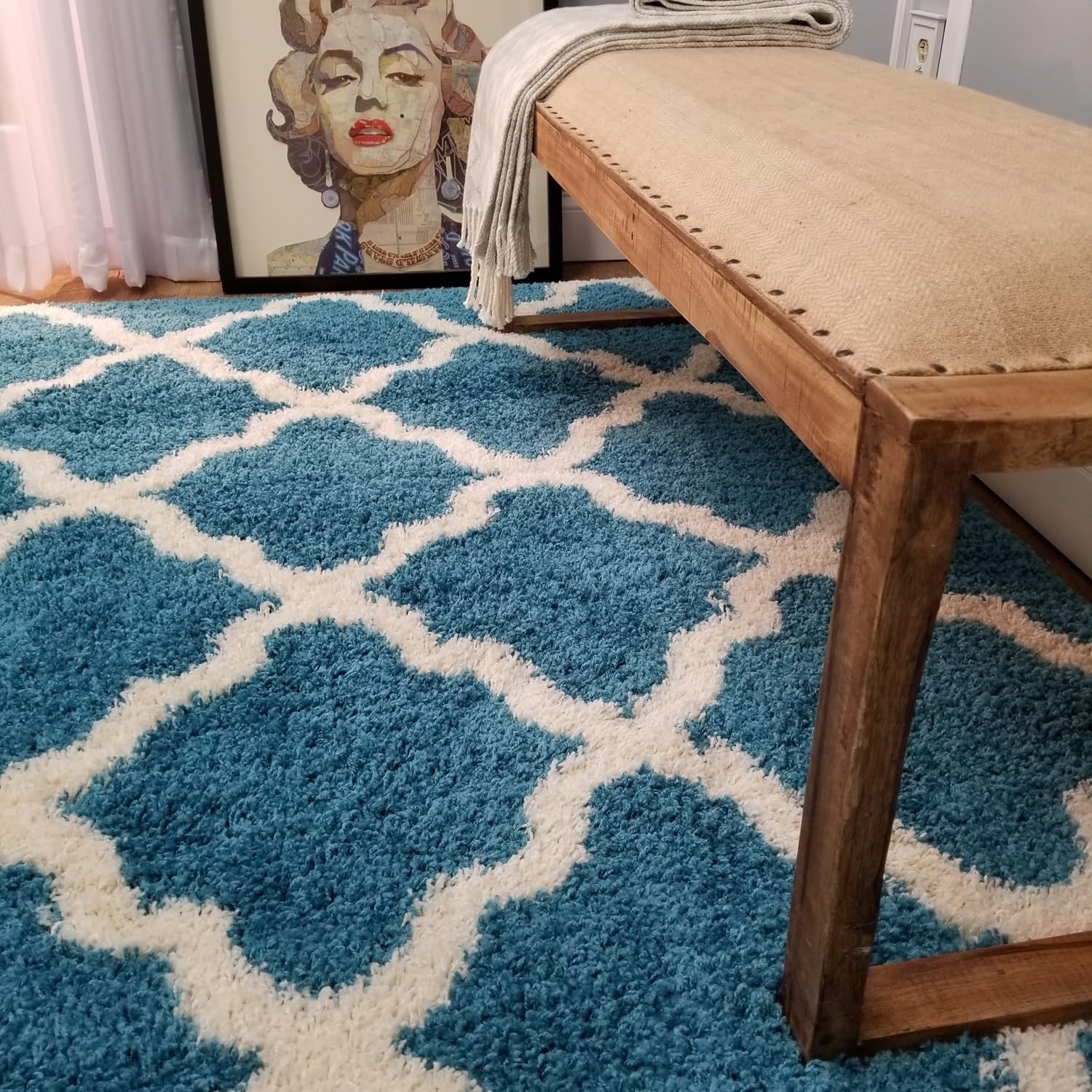 Maxy Home Shag Area Rug, New Moroccan Trellis Turquoise Blue, Everyday Use, 3'3" x 4'8" (39 inch x 56 inch)