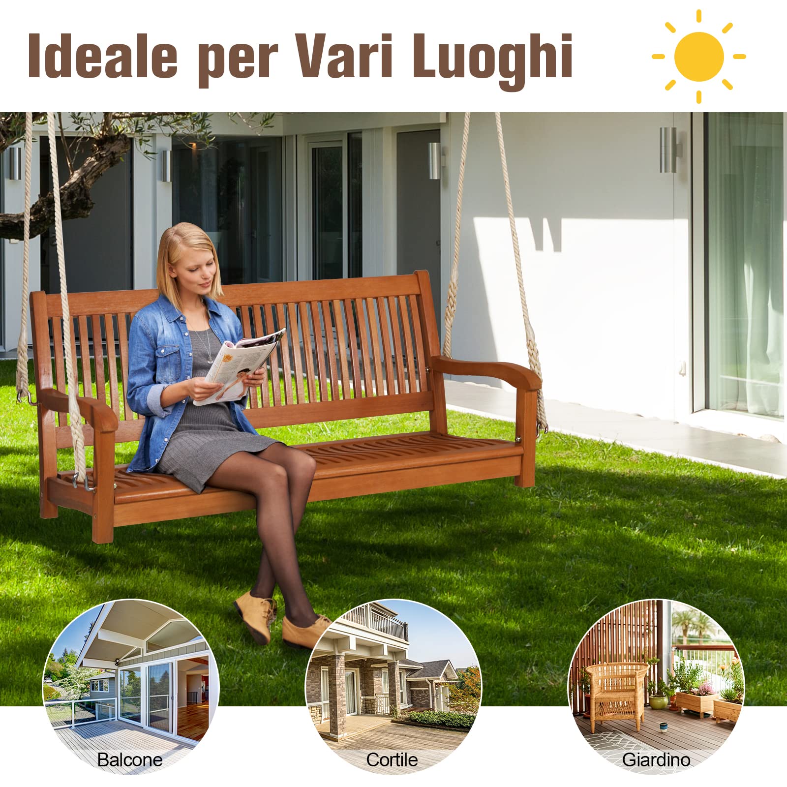 GYMAX Panchina Dondolo Sospeso da Giardino a 2 Posti, Portata di 360 kg, Panca da Appendere in Legno, Seduta Spaziosa, con Schienale e Braccioli, Stile Vintage