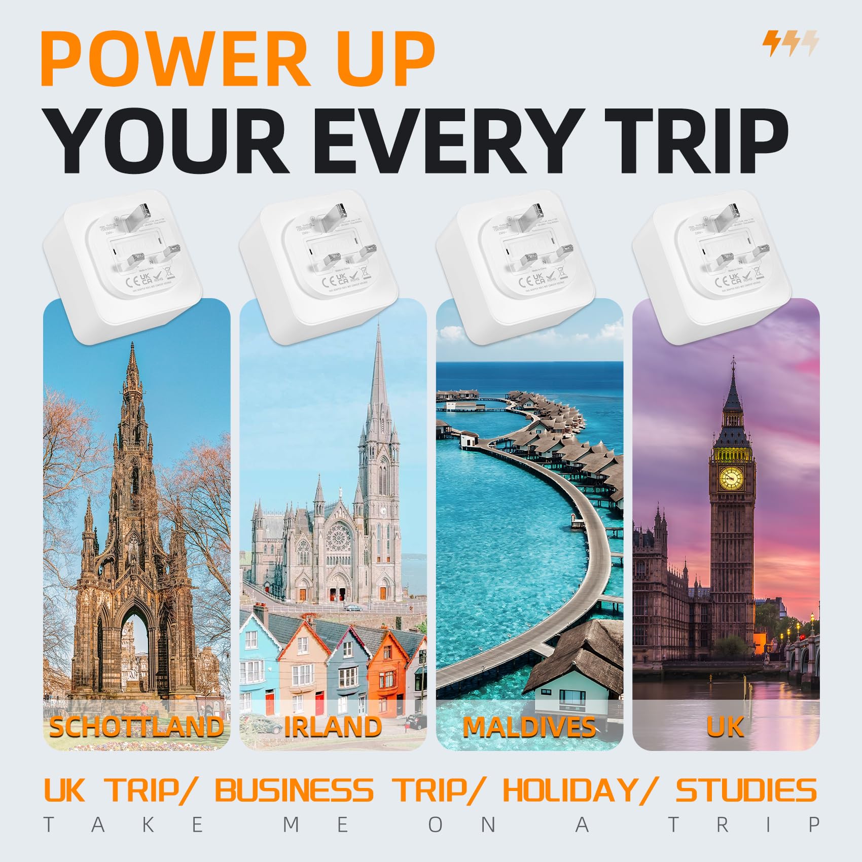 Carehabi Adaptateur Prise Anglaise, Prise Anglaise Adaptateur Francais avec 3 USB-A et 1 USB-C, Type G, Adaptateur UK, Adaptateur Prise Irlande, Prise Type G pour Angleterre Malte Malaisie