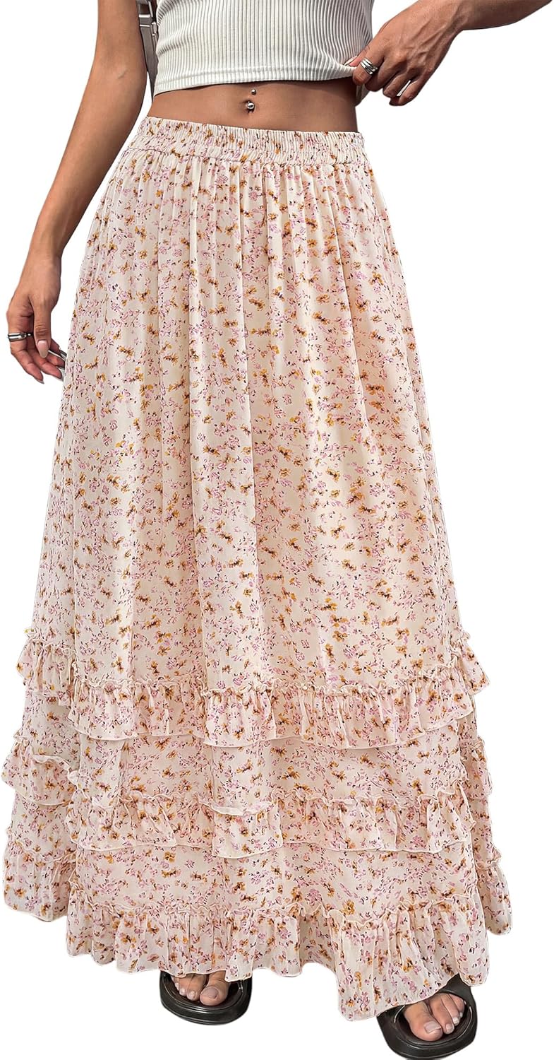 BTFBM Women's Floral Boho Maxi Skirt - Flowy A-Line Tiered Summer Long Skirt for Wedding Guests, Beach Vacations & Spring Outfits