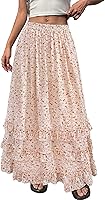 BTFBM Women's Floral Boho Maxi Skirt - Flowy A-Line Tiered Summer Long Skirt for Wedding Guests, Beach Vacations & Spring Outfits