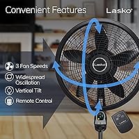 Vista 3 de Lasko Oscillating Cyclone Pedestal Fan, Adjustable Height, Timer, Remote Control, 3 Speeds, for Bedroom, Living Room, Home Office, 18", Black, 1843