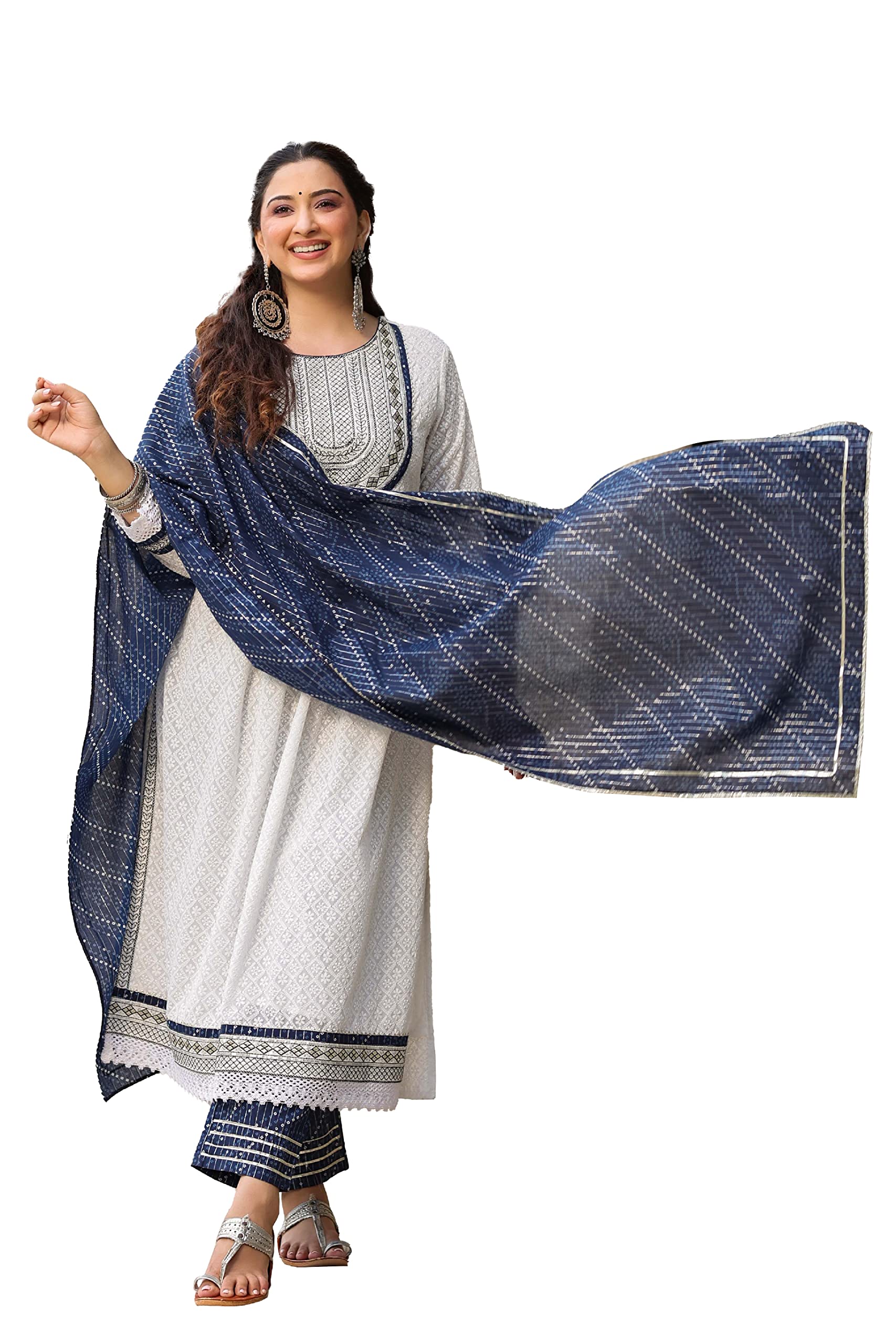 Vastra Ananta Blue&White Chicken Work Kurta& Embroidary For Women | 3/4 Sleeve Kurta With Printed Pants With Gota For Ladies