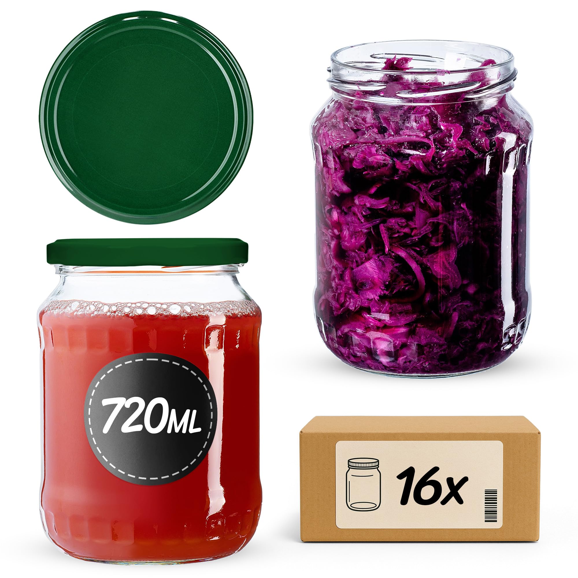 KADAX Set di 16 grandi barattoli in vetro 720ml Ø82 verde – tappo a vite ermetico, per conserve, sottaceti, verdure lacto-fermentate e marmellate fatte in casa