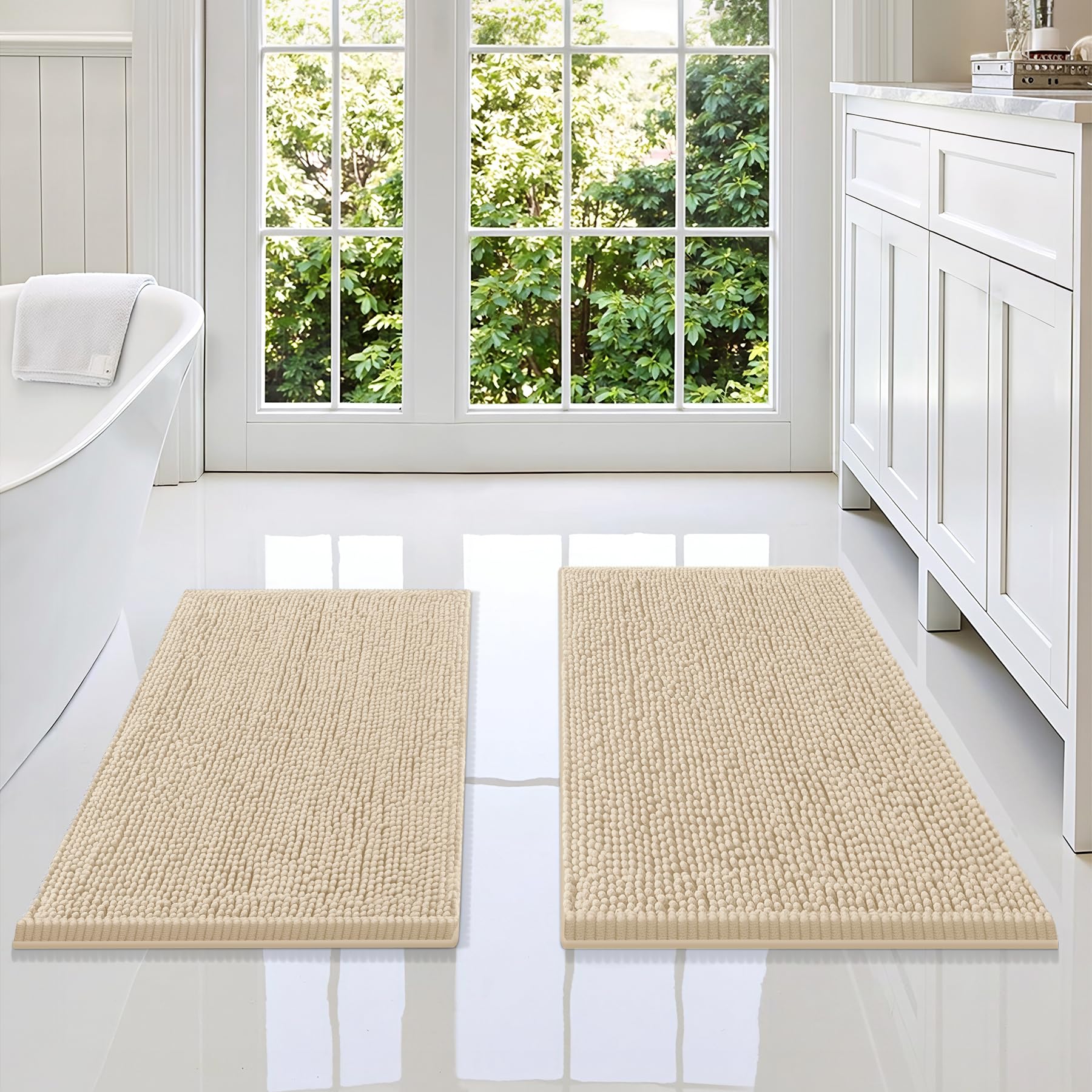 Smiry Chenille Bathroom Rugs Sets 2 Piece (34x21+30x20, Beige)