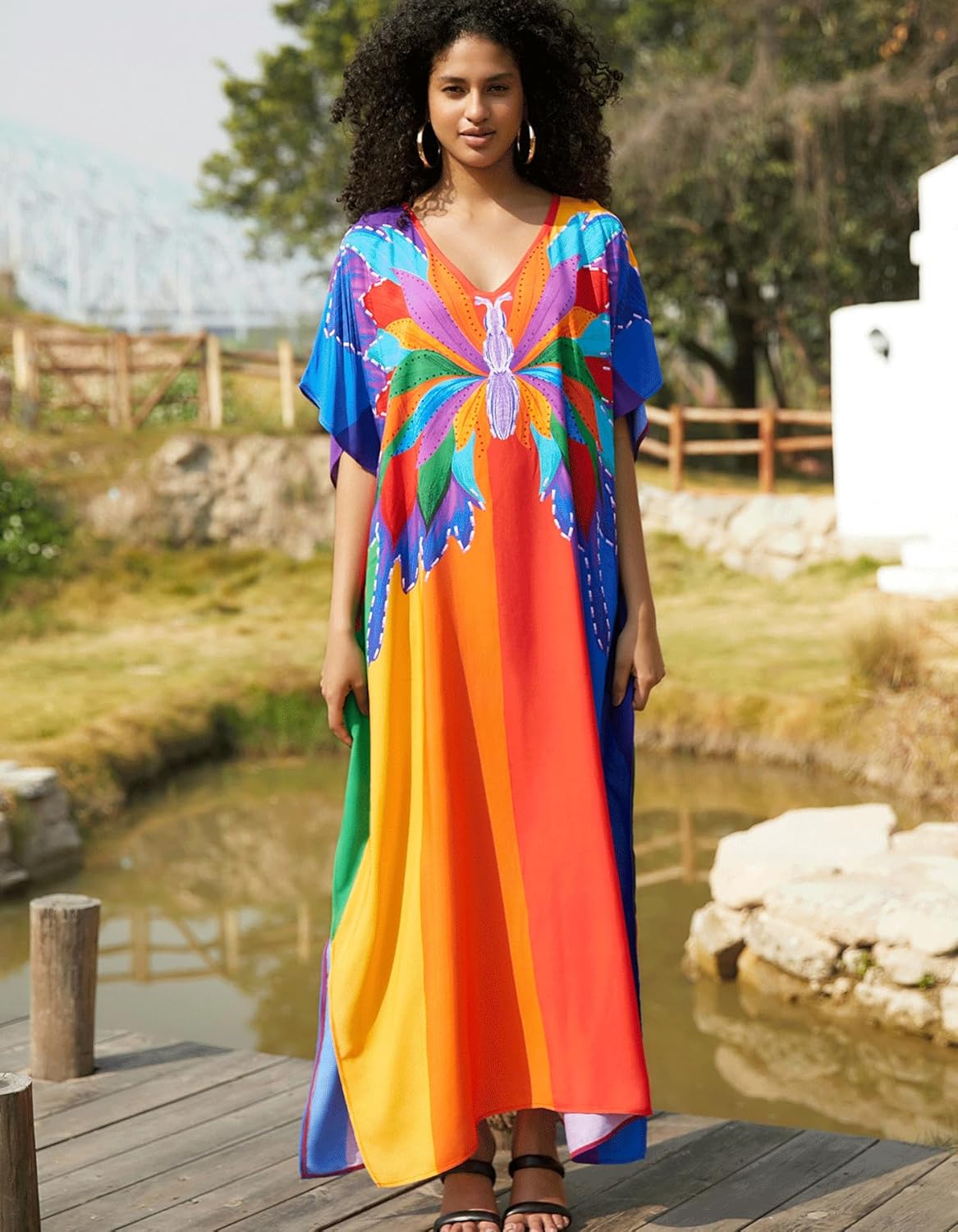 Kaftan Dresses for Women Side Split Caftan Bathing Suit Cover Up Casual Long Beach Loungewear Dress - Image 7