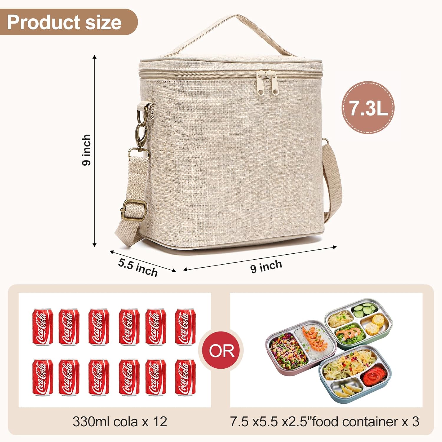Lunch Bag for Women, Soft Linen Lunch bag with adjustable shoulder strap, Insulated Womens Lunch Bag for Work, Machine Washable Lunch Box with removable liner (Natural Color)