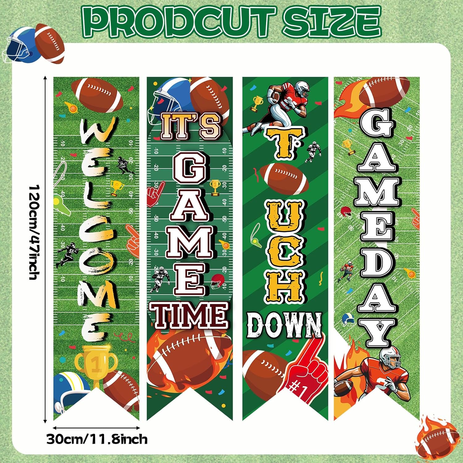 4PCS Football Field Banner Decorations Football Party Backdrop Background Game Time Welcome Hanging Door Banner for Sport Themed Birthday Indoor Outdoor Supplies Wall Door Decor