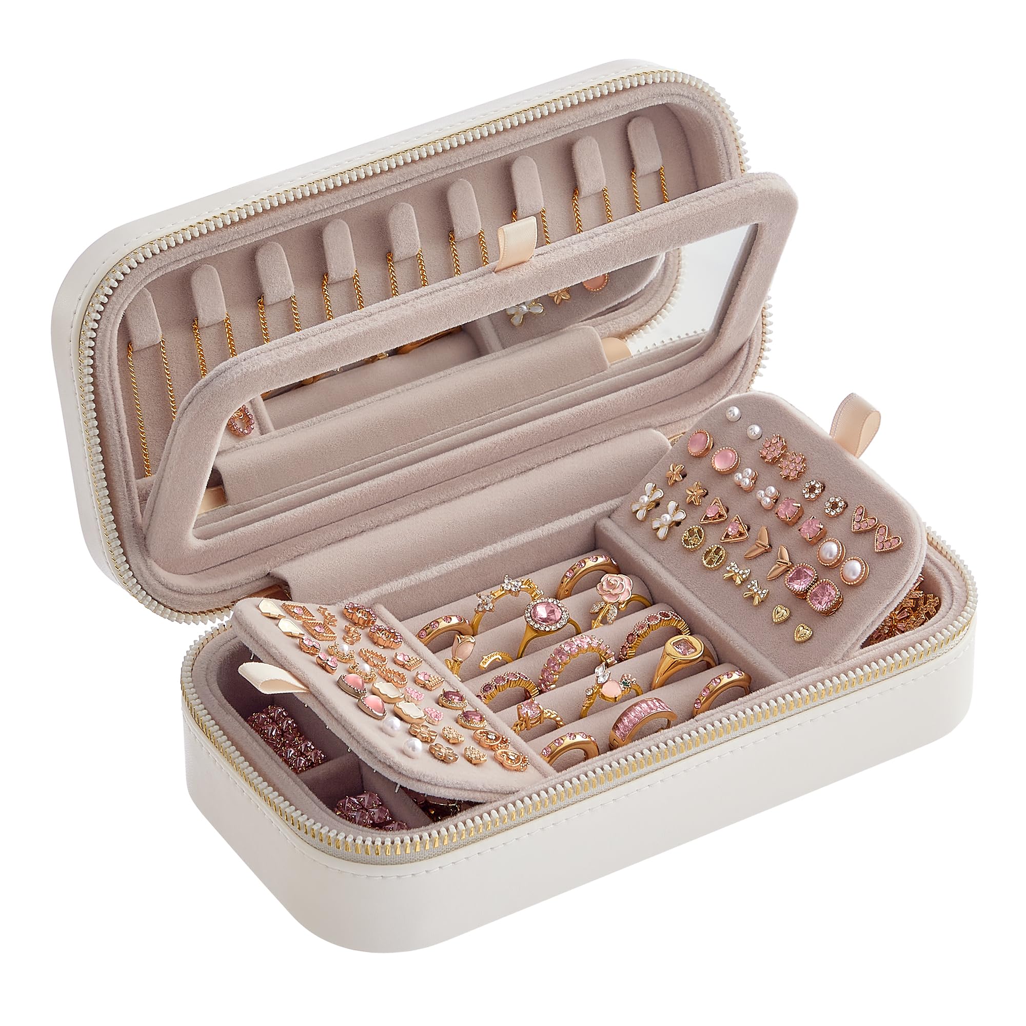 SONGMICS HOME ANAH Collection - Travel Jewellery Box, Small Jewellery Case Organiser with Mirror, 10.5 x 20.5 x 6 cm, PU Surface with Stitching, Portable, Zippers, Gift Idea, Cloud White JBC180W01