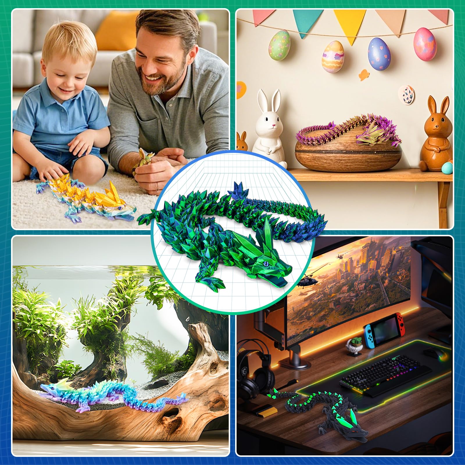 3D Printed Dragon Toys with Eyes, 24 inches Dazzling Gradient Crystal Wyrm, Bendable and Flexible Big Fidget - Image 4