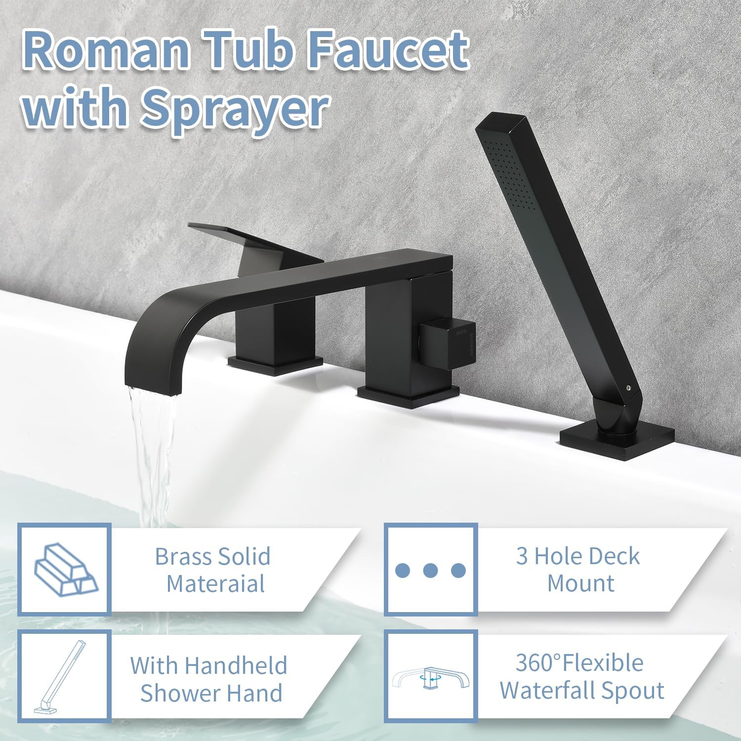 waterfall roman tub faucet with hand shower, deck mount tub filler bathtub faucet with sprayer, single handle bathtub faucet set, 3 hole bathtub shower faucet set matte black - 03111lb