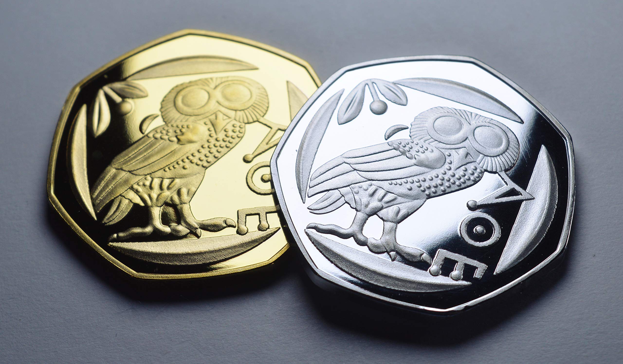 The Commemorative Coin Company Pair of Ancient Greek 'Owl of Athena' Silver & 24ct Gold Commemoratives. Athenian Tetradrachm Coins 450BC. Reproduction