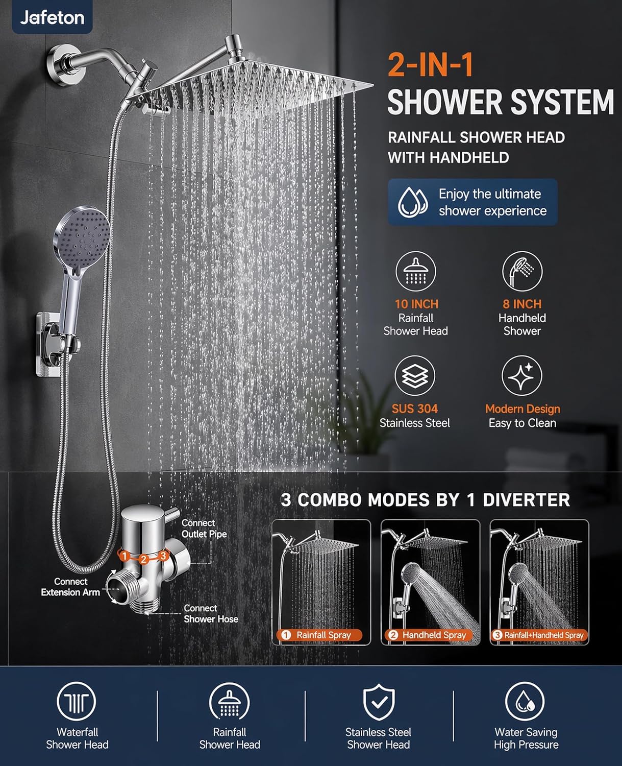 Shower Head,10" Rain Shower Head with Handheld Spray Combo with 11'' Angle Adjustable Extension Arm/High Pressure/Shower System/Square Rainfall Showerhead Bathroom,Chrome