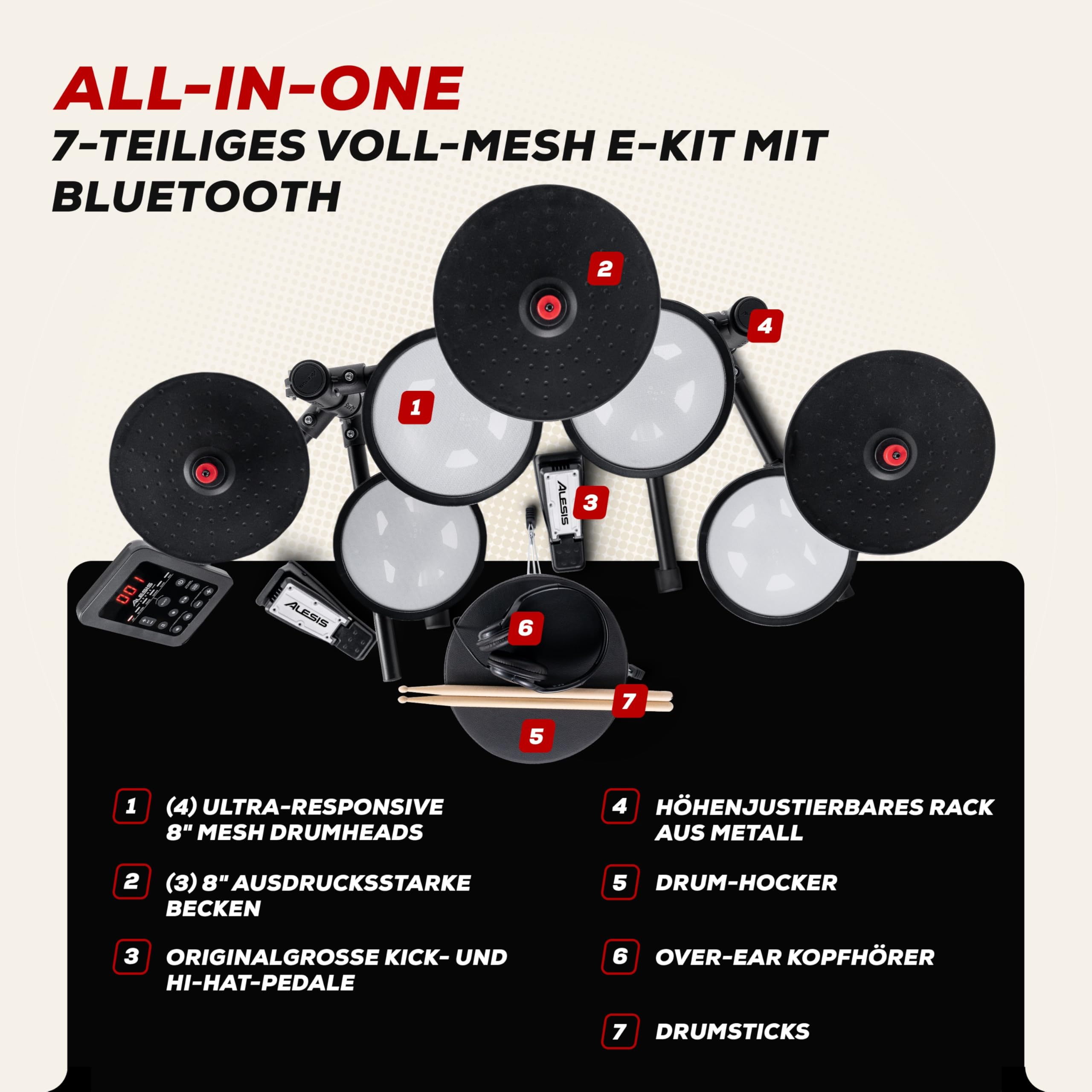 Alesis Turbo Max Schlagzeug Elektronisch mit leisen 8-Zoll Mesh Pads, Lektionen, Bluetooth und Zubehör, faltbar