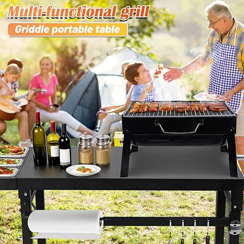 Miniatura 7 de Carrito de parrilla de hierro fundido negro con 2 estantes con ruedas, soporte de horno de pizza resistente para Blackstone Ninja, estación de