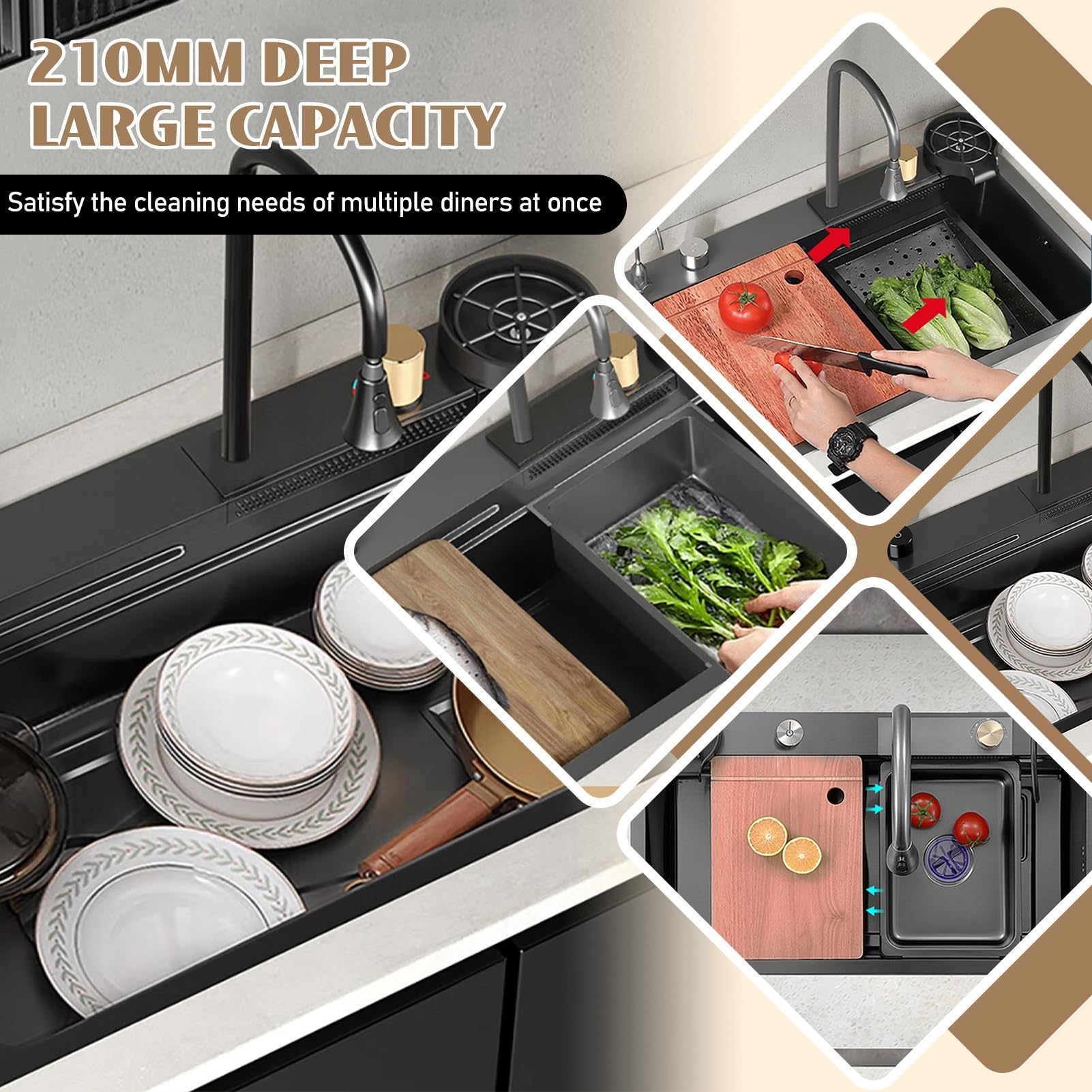 Fregadero Grande De Cascada Individual, Fregadero De Barra De Cocina, Fregadero De Acero Inoxidable, Fregadero Hecho A Mano Engrosado, Estación De Trabajo Deslizante Y Comedor, Todos Los Accesorios In