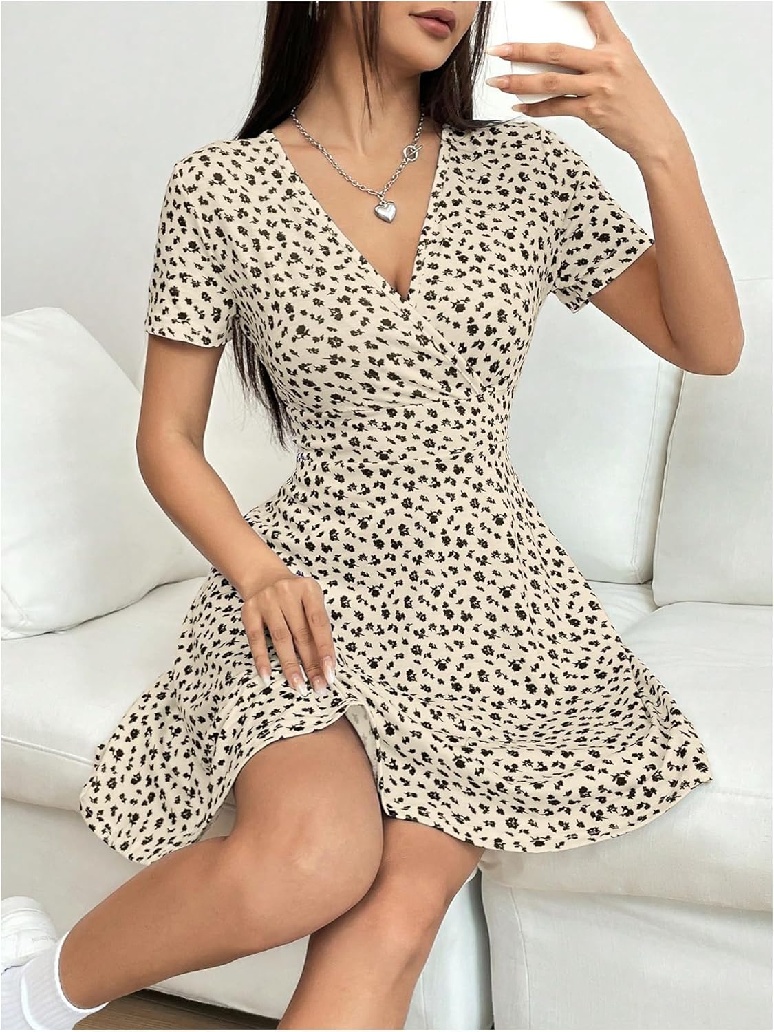 MakeMeChic Women's Floral Dress Wrap V Neck Short Sleeve Summer Short Dresses - Image 4