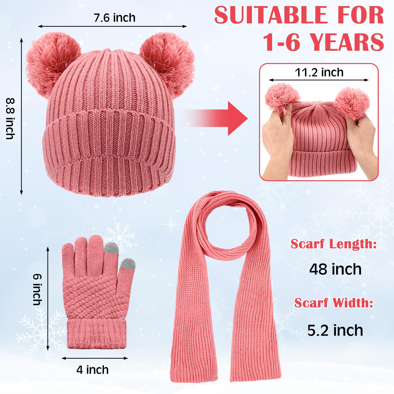 Geyoga - 12 Stück Kinder-Winterhandschuhe 1–6 Jahre alte Jungen Mädchen Strickmütze mit Pompons Nackenwärmer