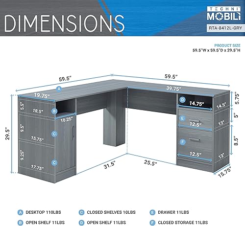 Miniatura 3 de Techni Mobili Escritorio funcional para computadora en forma de L con almacenamiento, L es 59.5 pulgadas de ancho x 59.5 pulgadas de largo, color