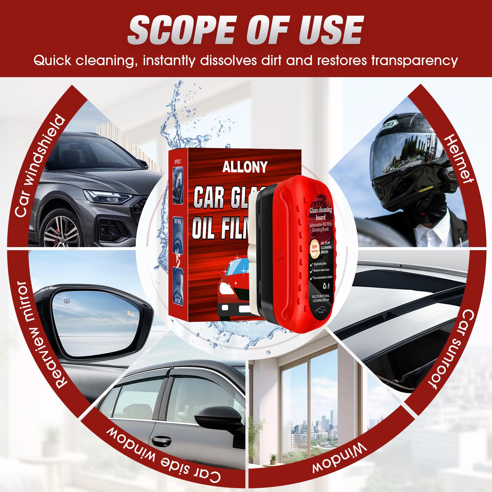 ALLONY Glass Cleaning Board, 120ml Clear view Parebrise, Nettoyant Pare Brise Voiture, Film Oléophobe pour Vitres D'automobiles, Nettoyant Vitre Voiture y 100ml Recharges