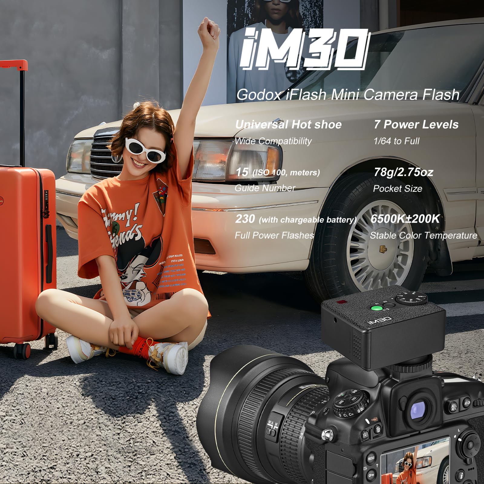 Godox IM30 Mini Flash De Bolsillo Manual Speedlite,S1/S2 Portable Flash De Zapata con Control óptico 7 Niveles De Potencia 6500K±200K Temperatura De Color para Sony,Canon,Nikon(con difusor Tricolor)