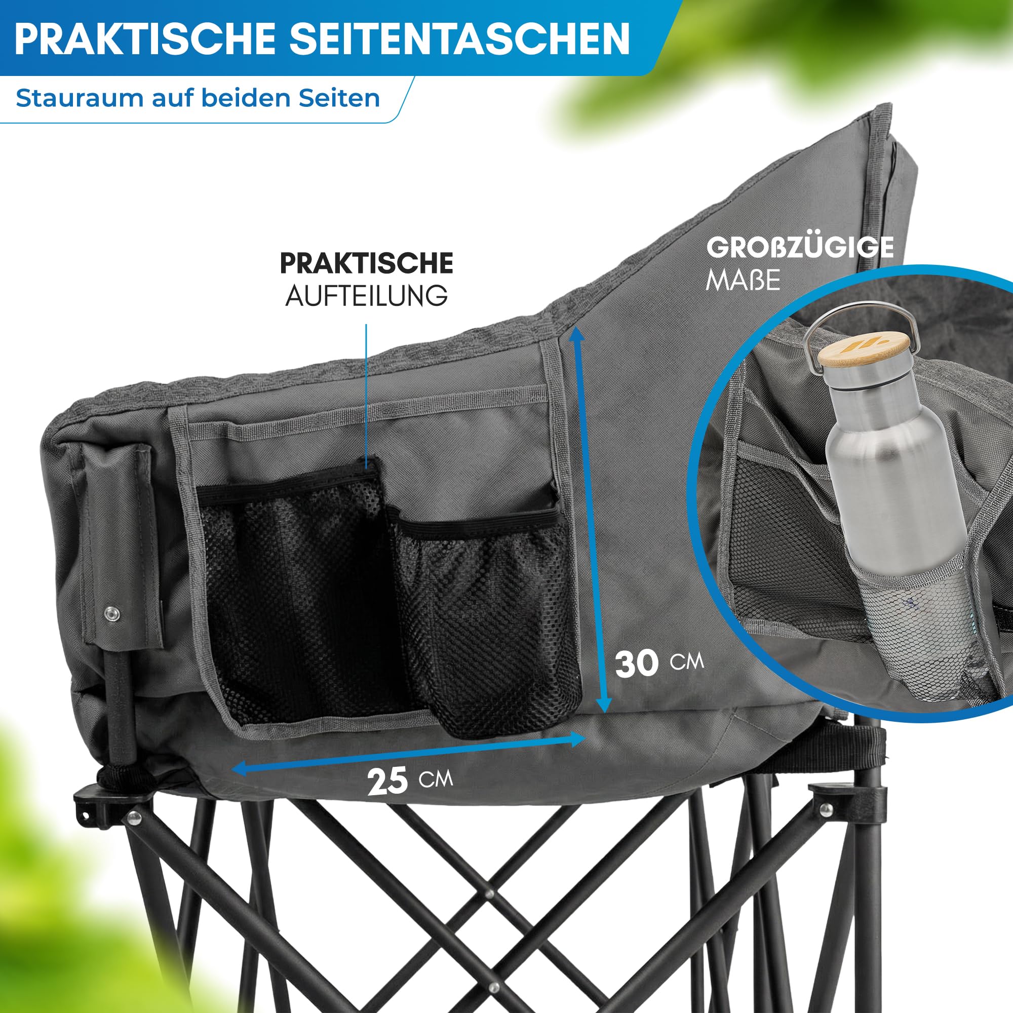 NORDMUT® Campingsofa faltbar für 2 Personen – stabile Camping Couch 320 kg belastbar – komfortabler Doppel Campingstuhl faltbar mit extra Dicker Polsterung (Aschgrau)