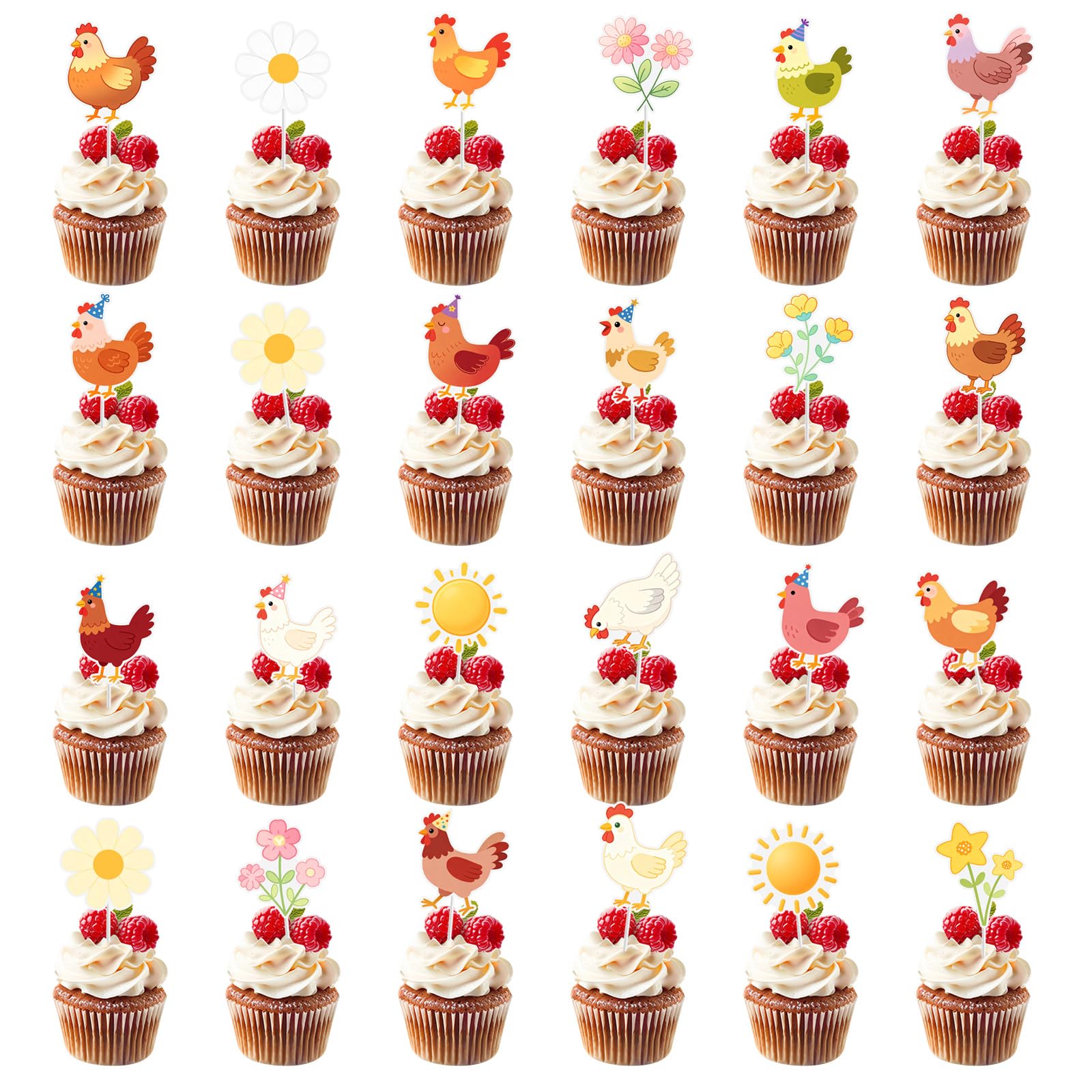 24pcs Chicken Birthday Party Cupcake Toppers Cake Decorations