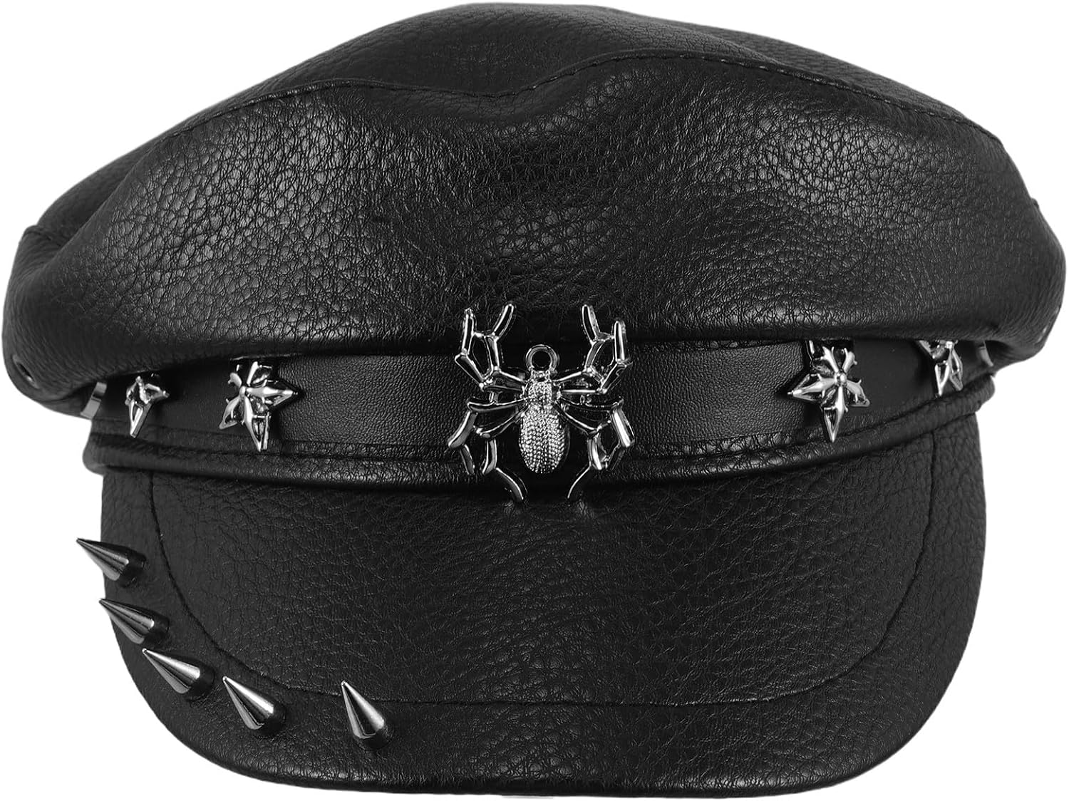 Women’s Wide Brim Flat Top Sailor Hat with Rivet Studded Design, Black Pu Material Retro Nautical Style Fashion Hat for Outdoor Activities and Summer Festival