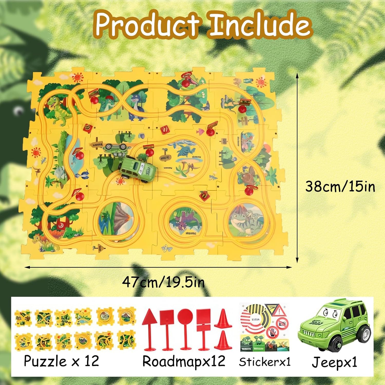 Puzzle Racer Kids Car Track Set with Cars Puzzle Racer Car Track Set for 3-8 Year Old Best Holidays&Birthday Gifts for Kids (25PCS Dinosaurs)