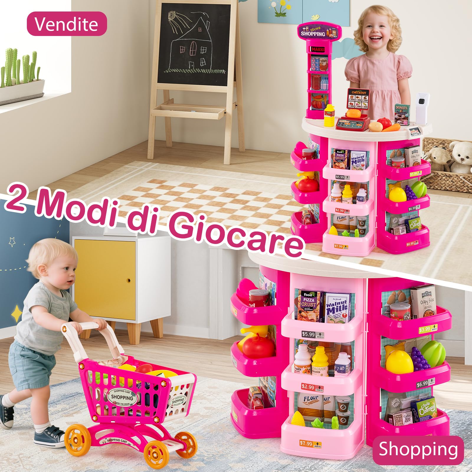 Supermercato per Bambini con Banco, Carrello della spesa e Cestino, Bilancia Simulata, Cassa con Effetti di Luce e Suono, Supermercato Giocattolo con 76 Accessori per Bambini 3+ Anni (Rosa)
