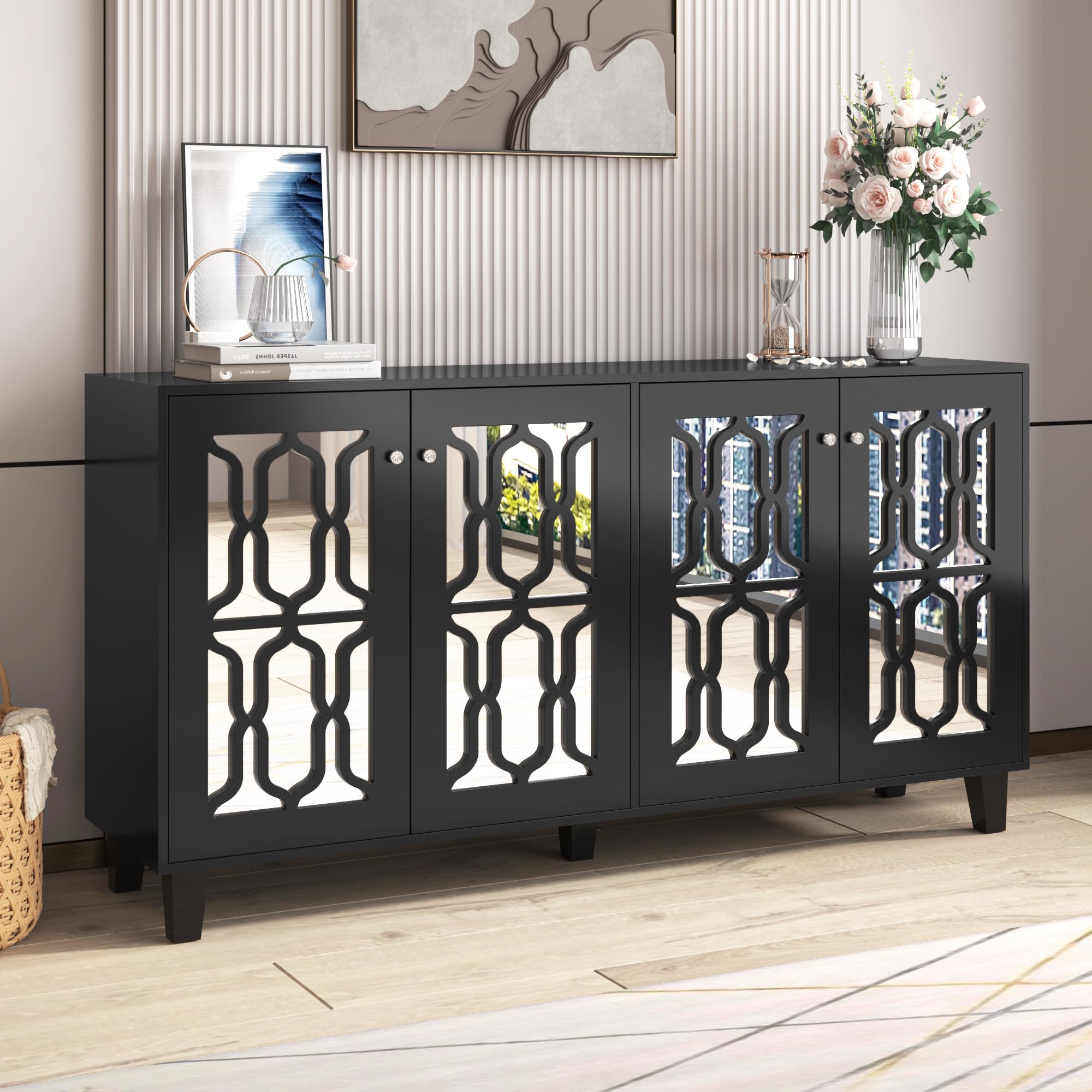 Credenza a specchio nera a quattro ante, con manici in cristallo fresco, con laminato mobile, per soggiorno e sala da pranzo, 160 x 40 x 84 cm